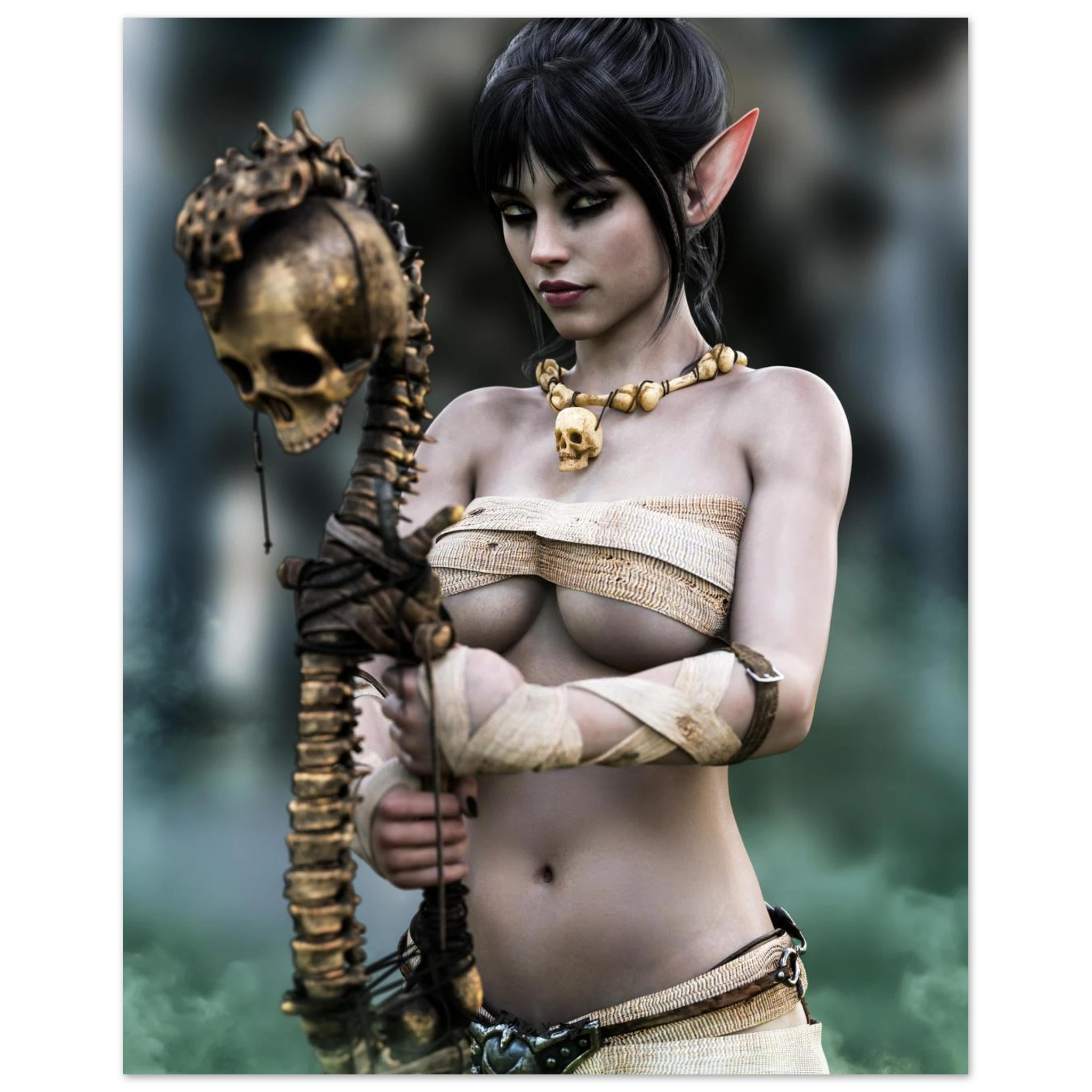 Handcrafted Dark Elf Necromancer wall art featuring a mystical female elven spellcaster holding an ancient skull staff amid glowing green mist. Fantasy artwork ideal for gaming rooms, RPG fans, and dark fantasy décor.