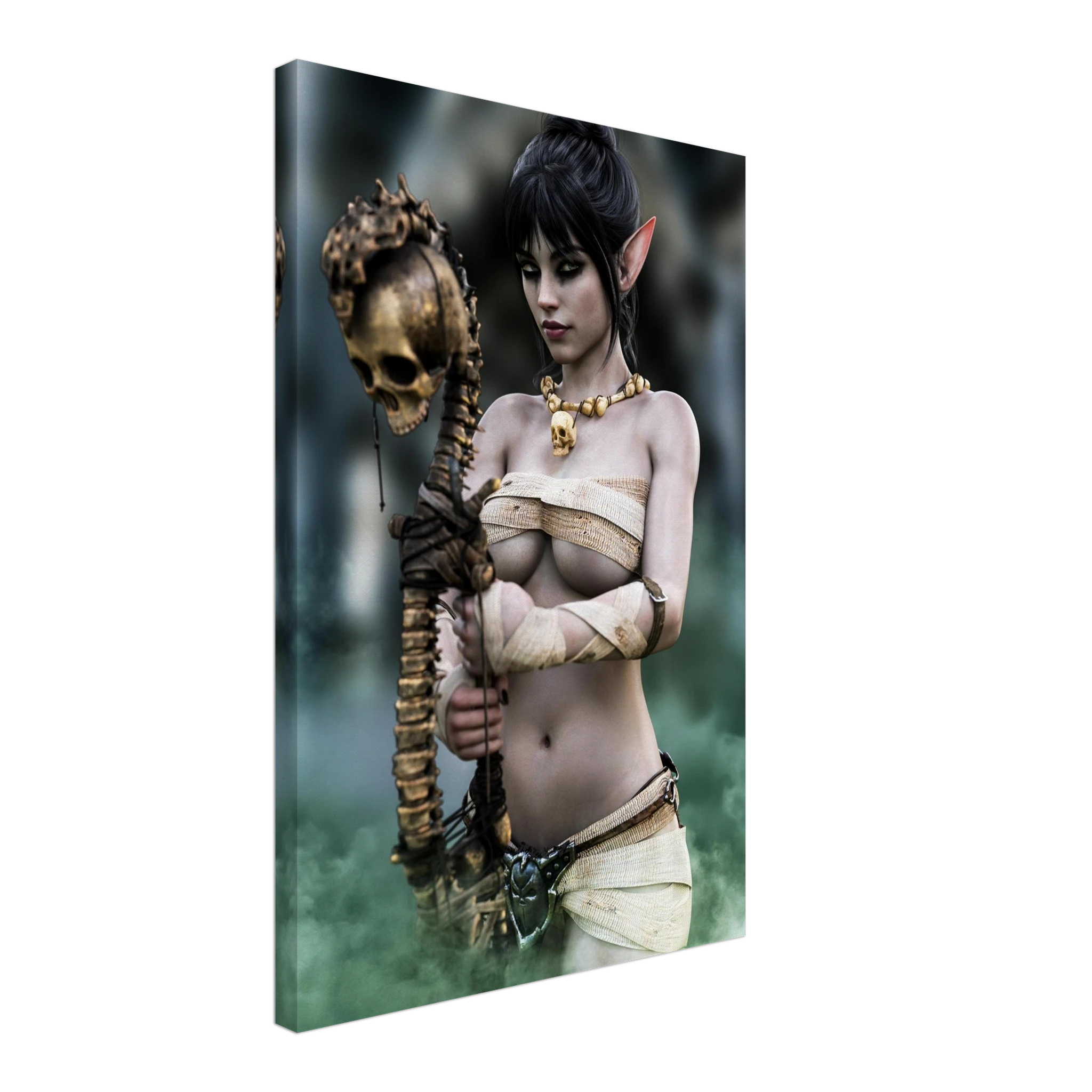 Handcrafted Dark Elf Necromancer wall art featuring a mystical female elven spellcaster holding an ancient skull staff amid glowing green mist. Fantasy artwork ideal for gaming rooms, RPG fans, and dark fantasy décor.