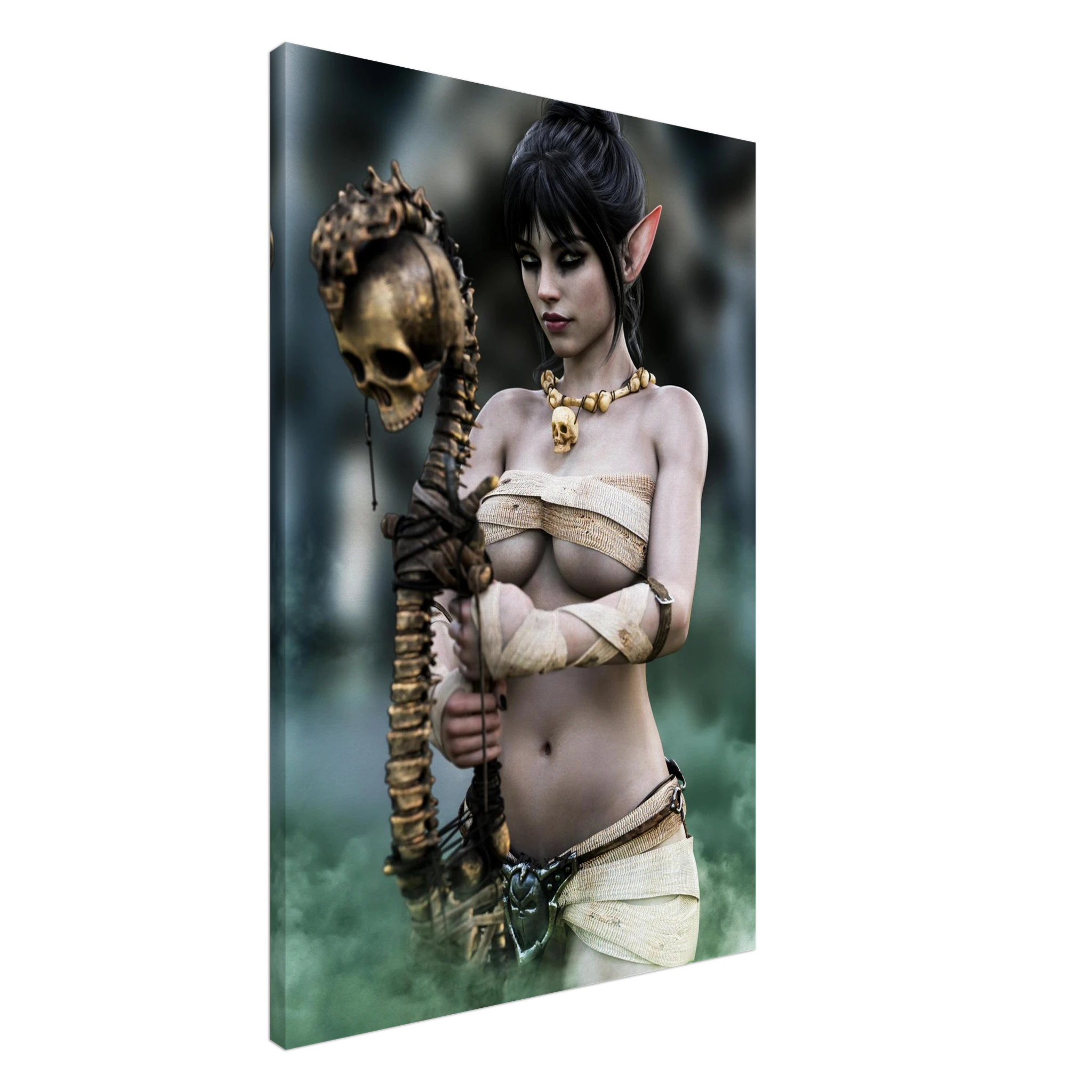 Handcrafted Dark Elf Necromancer wall art featuring a mystical female elven spellcaster holding an ancient skull staff amid glowing green mist. Fantasy artwork ideal for gaming rooms, RPG fans, and dark fantasy décor.