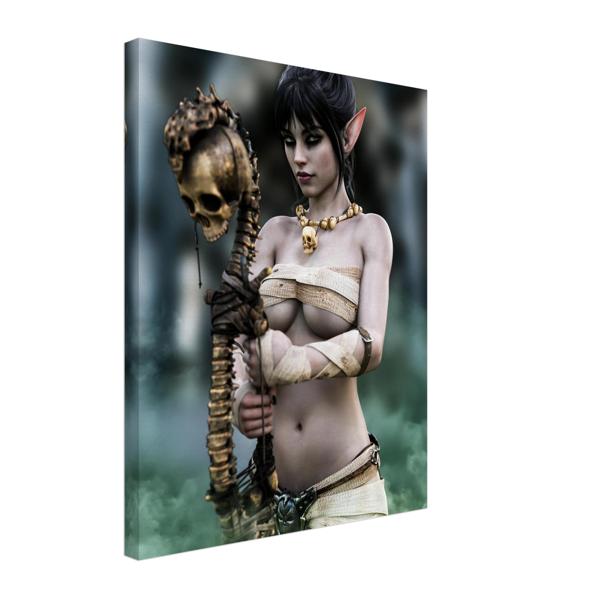Handcrafted Dark Elf Necromancer wall art featuring a mystical female elven spellcaster holding an ancient skull staff amid glowing green mist. Fantasy artwork ideal for gaming rooms, RPG fans, and dark fantasy décor.