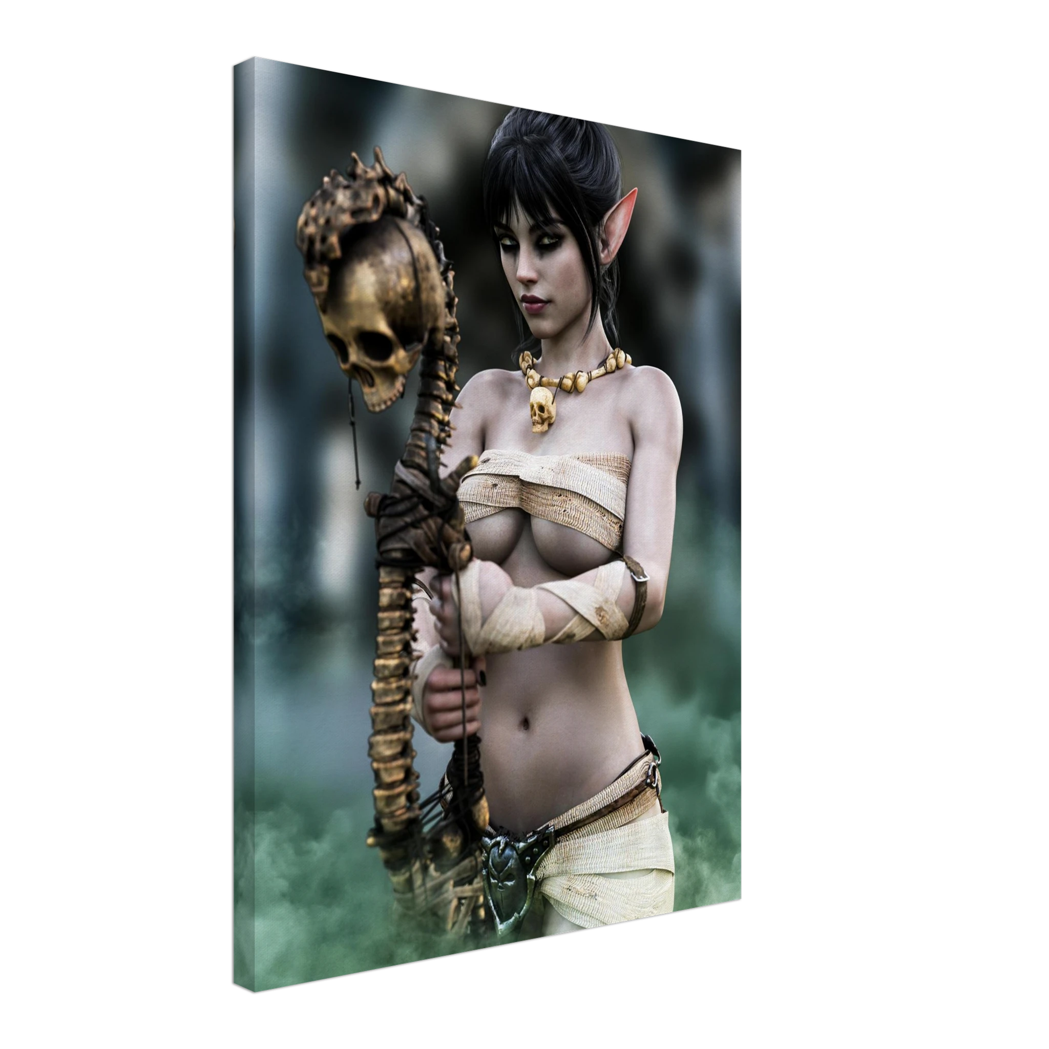 Handcrafted Dark Elf Necromancer wall art featuring a mystical female elven spellcaster holding an ancient skull staff amid glowing green mist. Fantasy artwork ideal for gaming rooms, RPG fans, and dark fantasy décor.