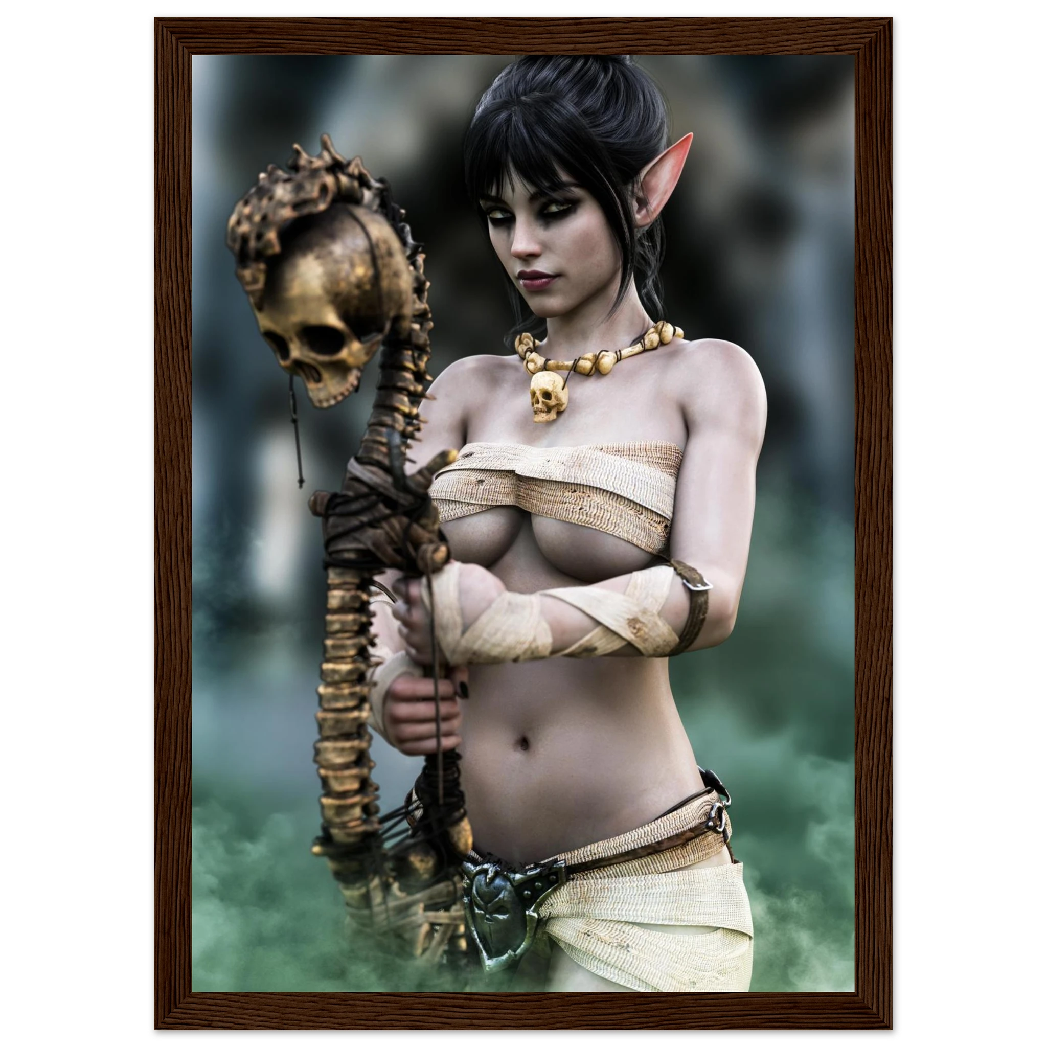 A framed fantasy art print depicting a female elf character with pointed ears, pale skin, and dark hair, holding a skeletal staff topped with a skull. The print is enclosed in a dark brown wooden frame and shown against a plain white background.