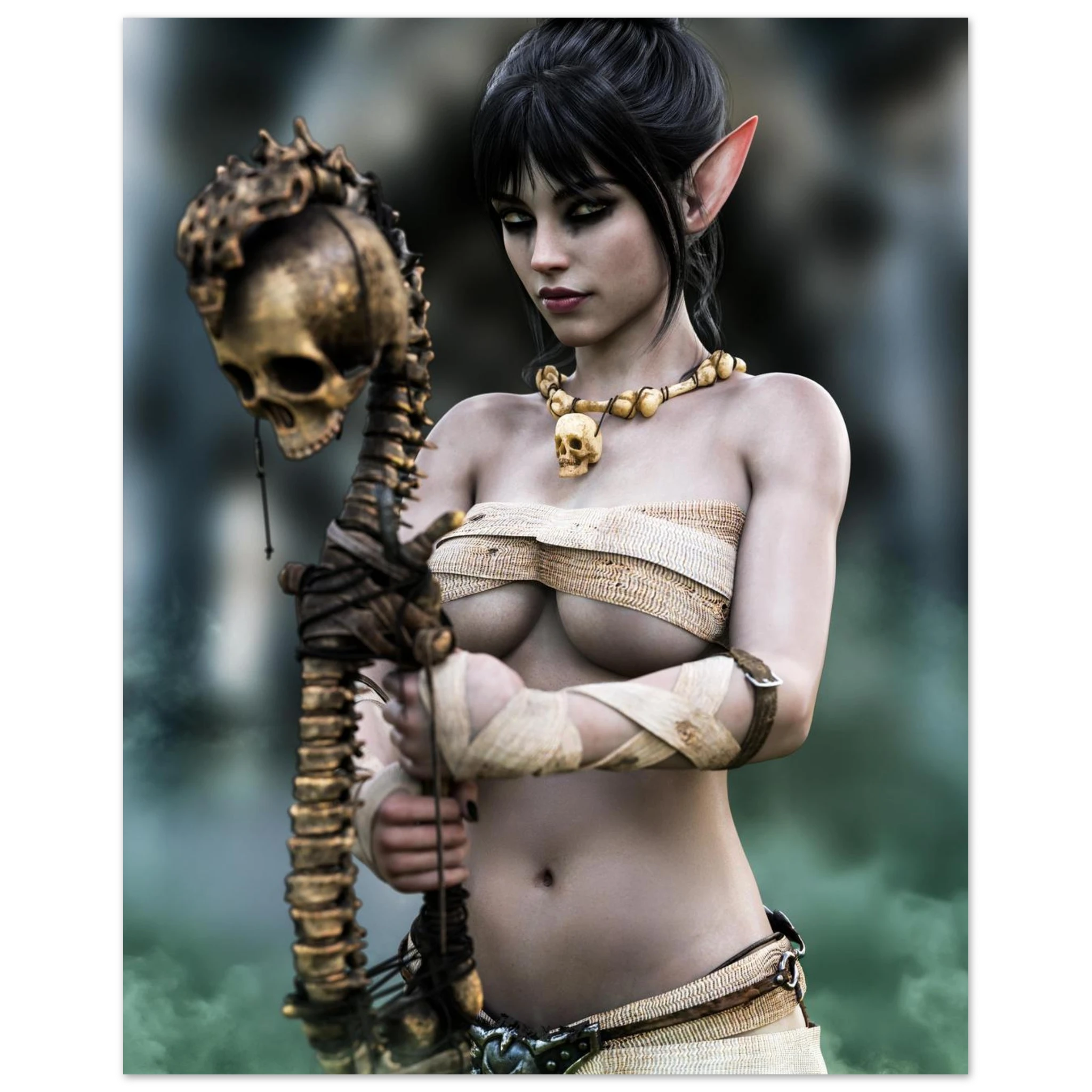 Handcrafted Dark Elf Necromancer wall art featuring a mystical female elven spellcaster holding an ancient skull staff amid glowing green mist. Fantasy artwork ideal for gaming rooms, RPG fans, and dark fantasy décor.