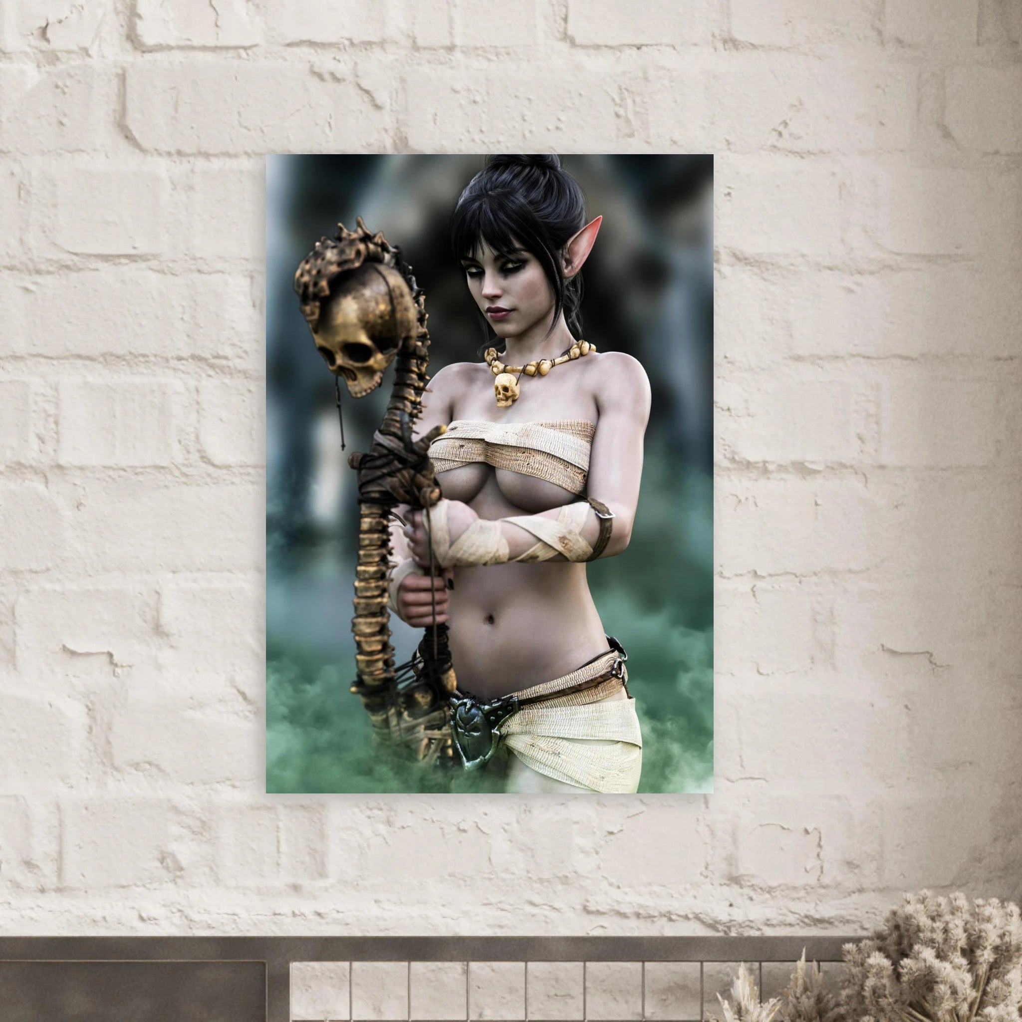 Handcrafted Dark Elf Necromancer wall art featuring a mystical female elven spellcaster holding an ancient skull staff amid glowing green mist. Fantasy artwork ideal for gaming rooms, RPG fans, and dark fantasy décor.