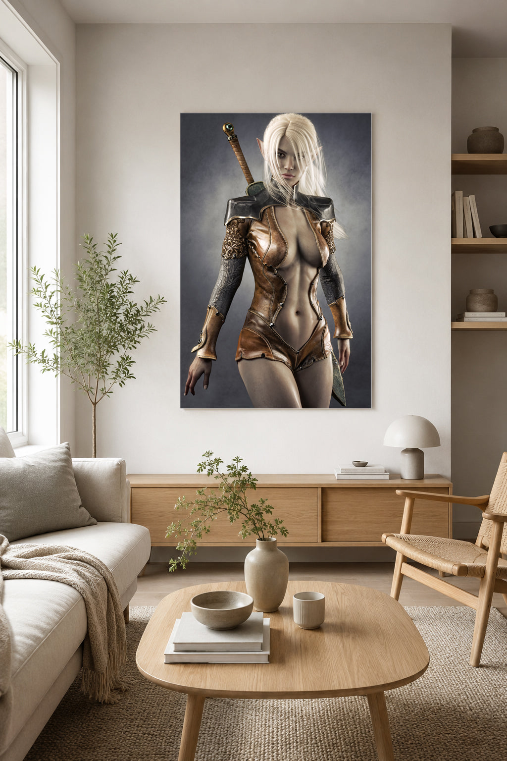 White-haired dark elf warrior in ornate leather armor with a sword on her back, standing confidently in a dramatic fantasy portrait.