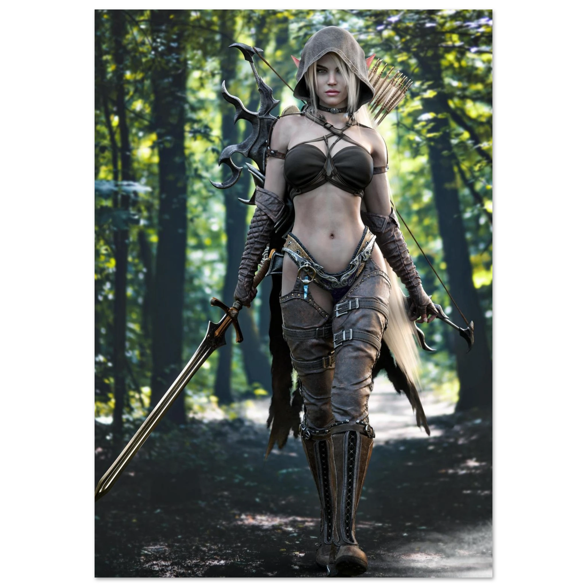 Handcrafted Dark Elf Ranger wall art featuring a hooded female elven ranger carrying a longsword, ornate bow, and quiver of arrows while walking through an enchanted forest. Fantasy artwork perfect for gaming rooms, RPG fans, and medieval fantasy décor.