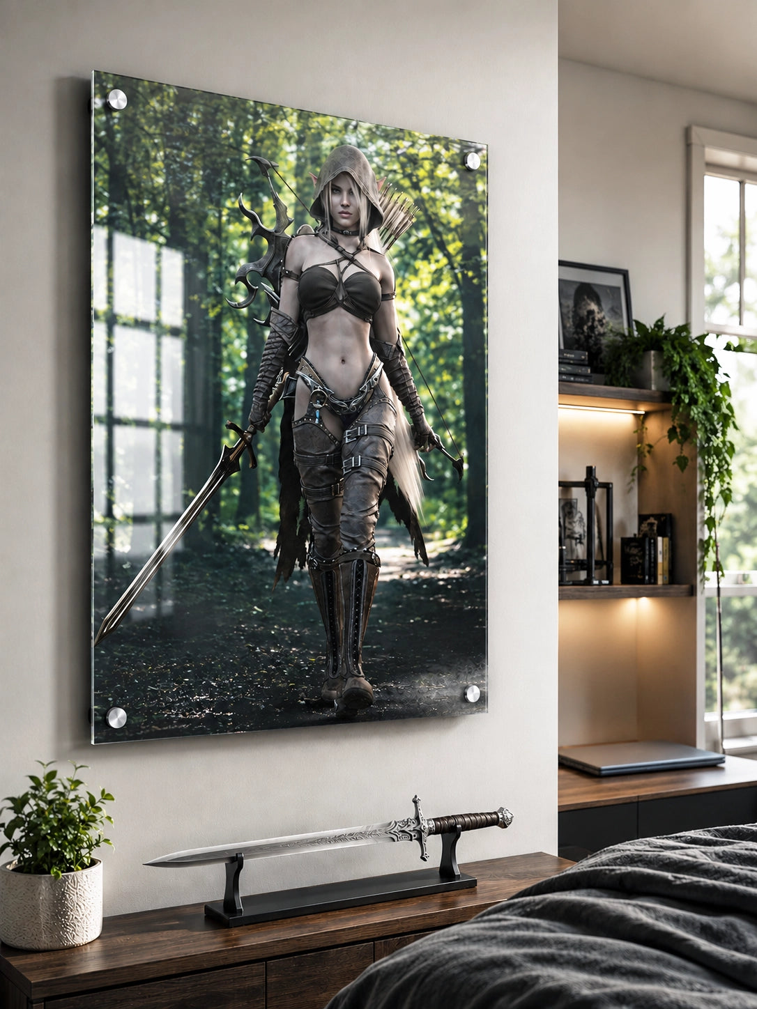 Handcrafted Dark Elf Ranger wall art featuring a hooded female elven ranger carrying a longsword, ornate bow, and quiver of arrows while walking through an enchanted forest. Fantasy artwork perfect for gaming rooms, RPG fans, and medieval fantasy décor.