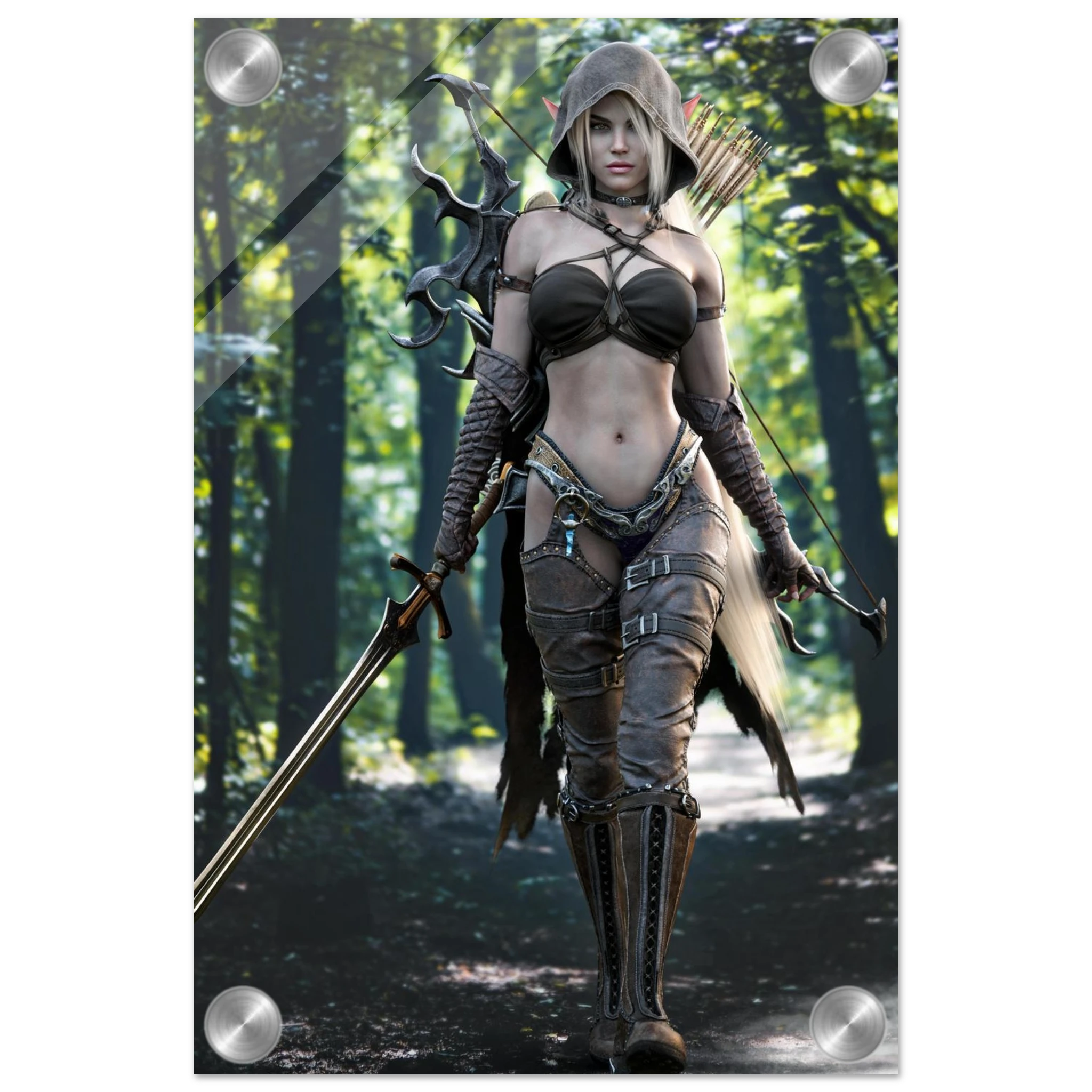Handcrafted Dark Elf Ranger wall art featuring a hooded female elven ranger carrying a longsword, ornate bow, and quiver of arrows while walking through an enchanted forest. Fantasy artwork perfect for gaming rooms, RPG fans, and medieval fantasy décor.