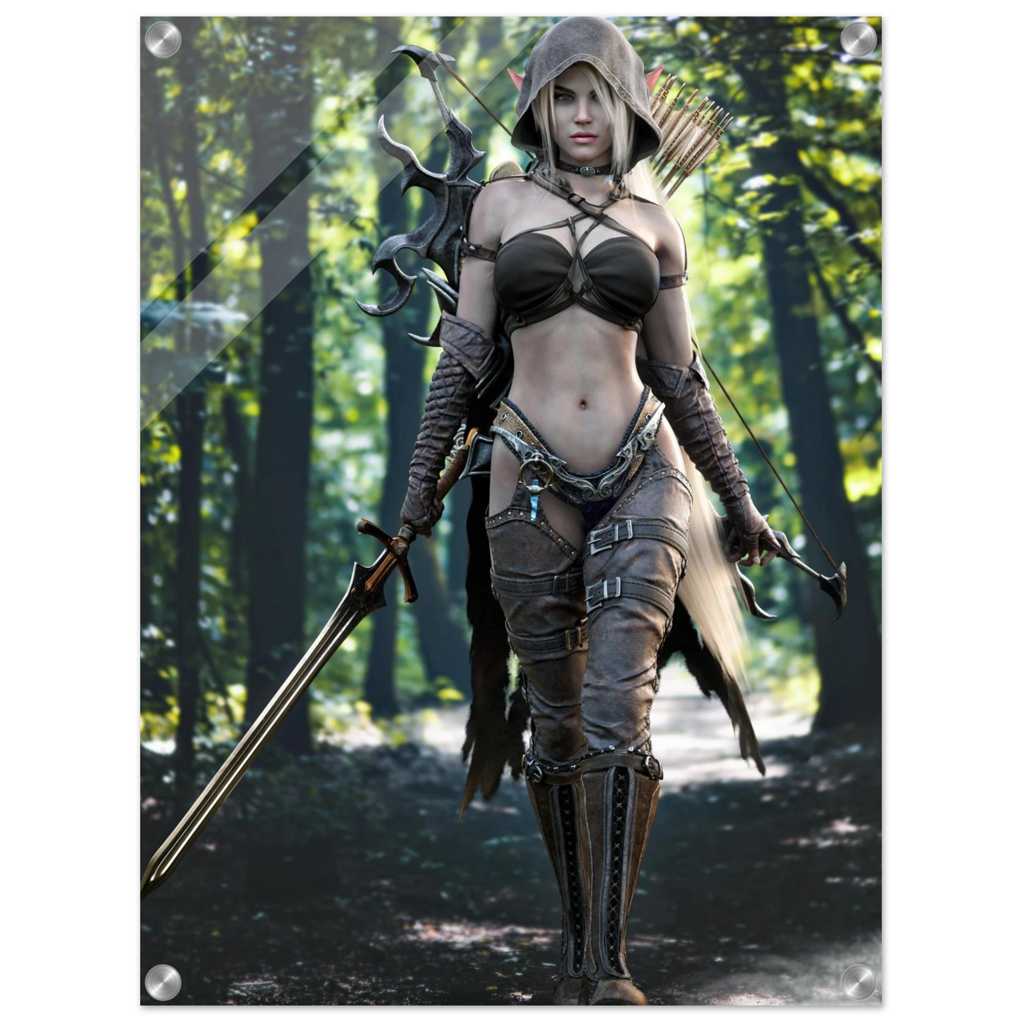 Handcrafted Dark Elf Ranger wall art featuring a hooded female elven ranger carrying a longsword, ornate bow, and quiver of arrows while walking through an enchanted forest. Fantasy artwork perfect for gaming rooms, RPG fans, and medieval fantasy décor.