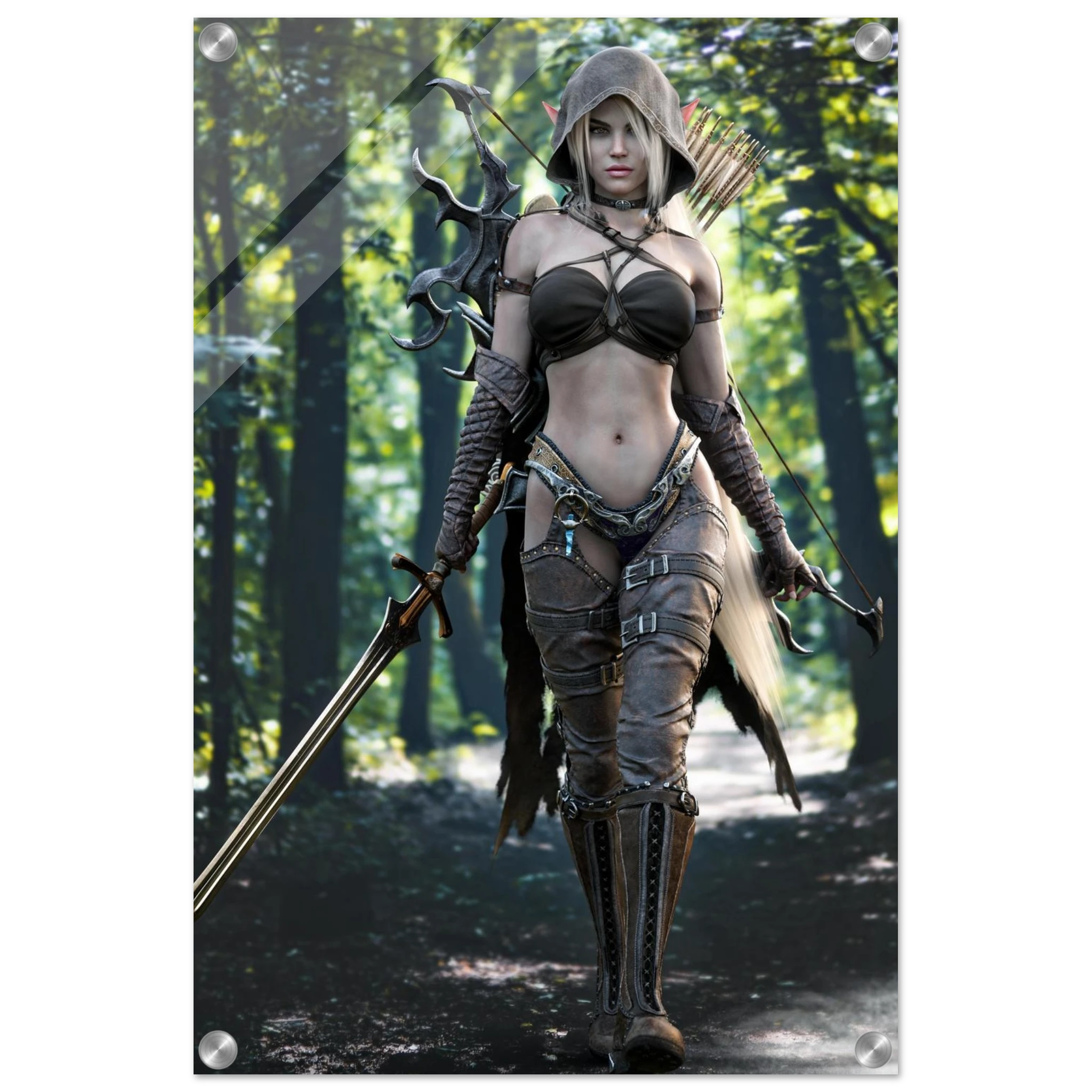 Handcrafted Dark Elf Ranger wall art featuring a hooded female elven ranger carrying a longsword, ornate bow, and quiver of arrows while walking through an enchanted forest. Fantasy artwork perfect for gaming rooms, RPG fans, and medieval fantasy décor.