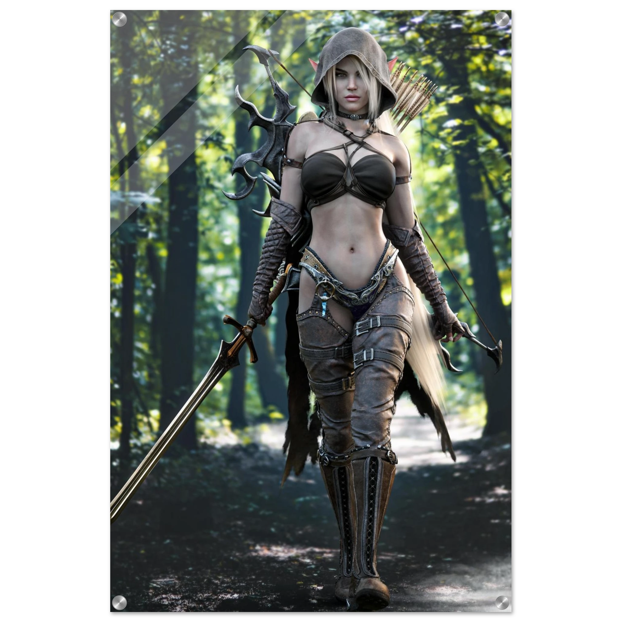 Handcrafted Dark Elf Ranger wall art featuring a hooded female elven ranger carrying a longsword, ornate bow, and quiver of arrows while walking through an enchanted forest. Fantasy artwork perfect for gaming rooms, RPG fans, and medieval fantasy décor.