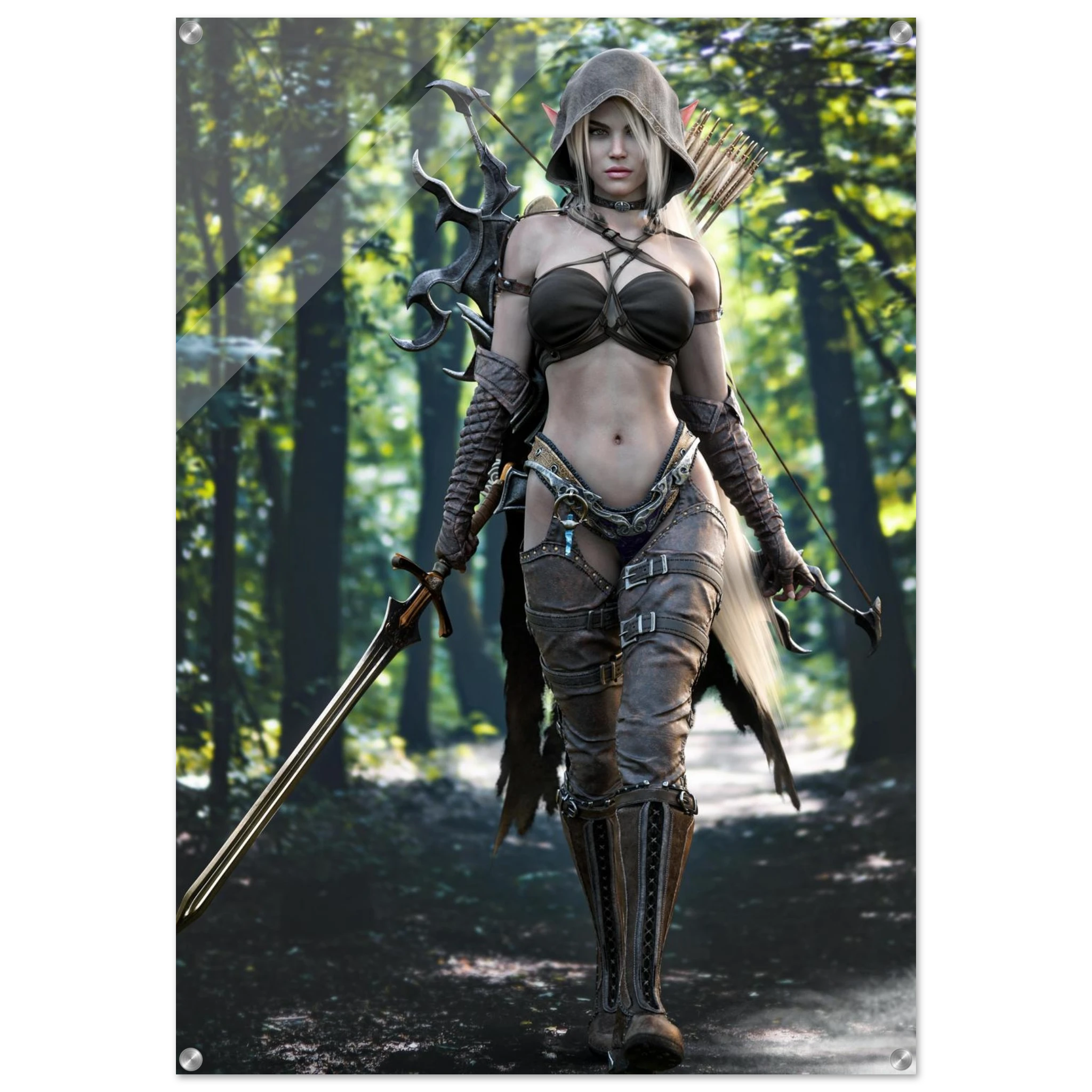 Handcrafted Dark Elf Ranger wall art featuring a hooded female elven ranger carrying a longsword, ornate bow, and quiver of arrows while walking through an enchanted forest. Fantasy artwork perfect for gaming rooms, RPG fans, and medieval fantasy décor.