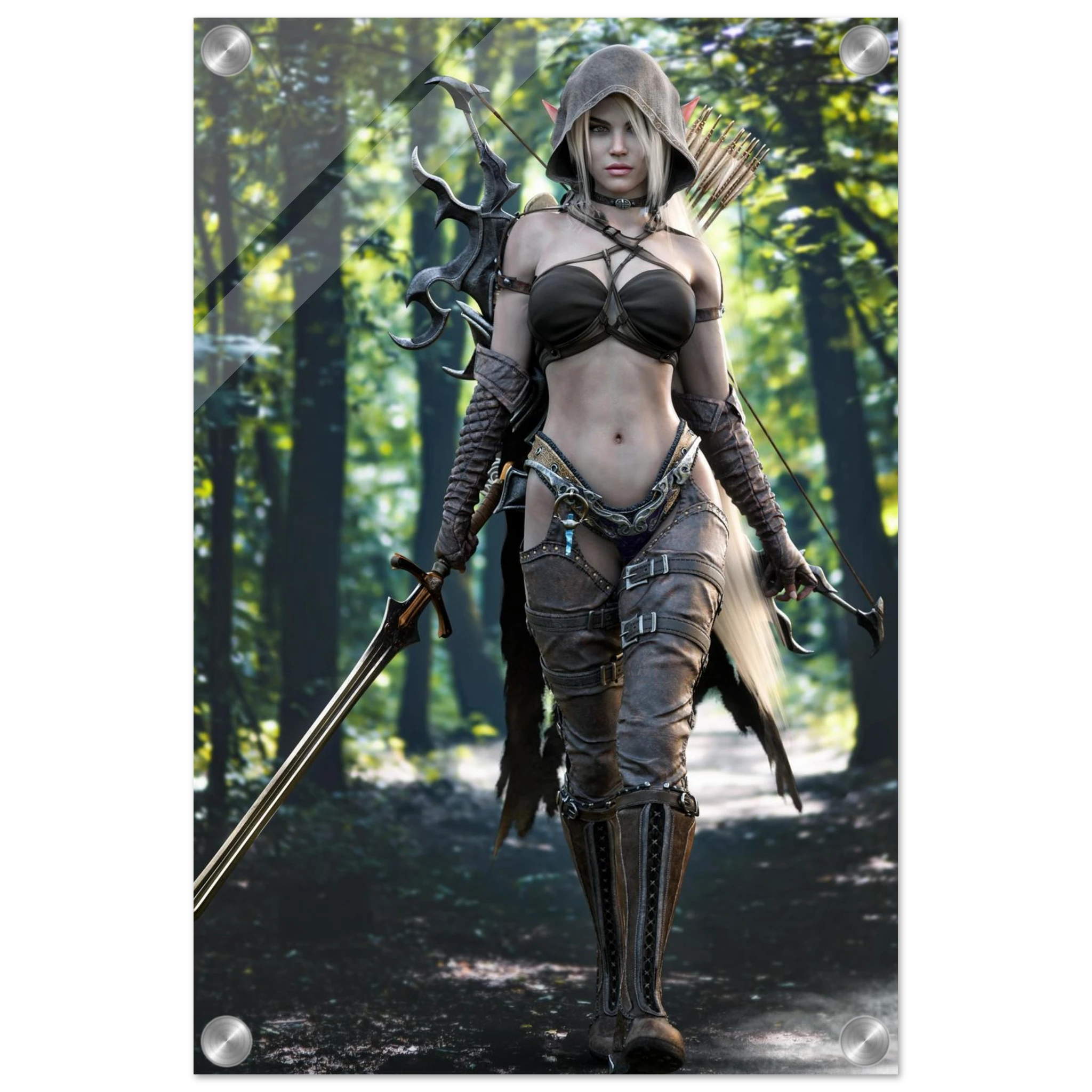 Handcrafted Dark Elf Ranger wall art featuring a hooded female elven ranger carrying a longsword, ornate bow, and quiver of arrows while walking through an enchanted forest. Fantasy artwork perfect for gaming rooms, RPG fans, and medieval fantasy décor.