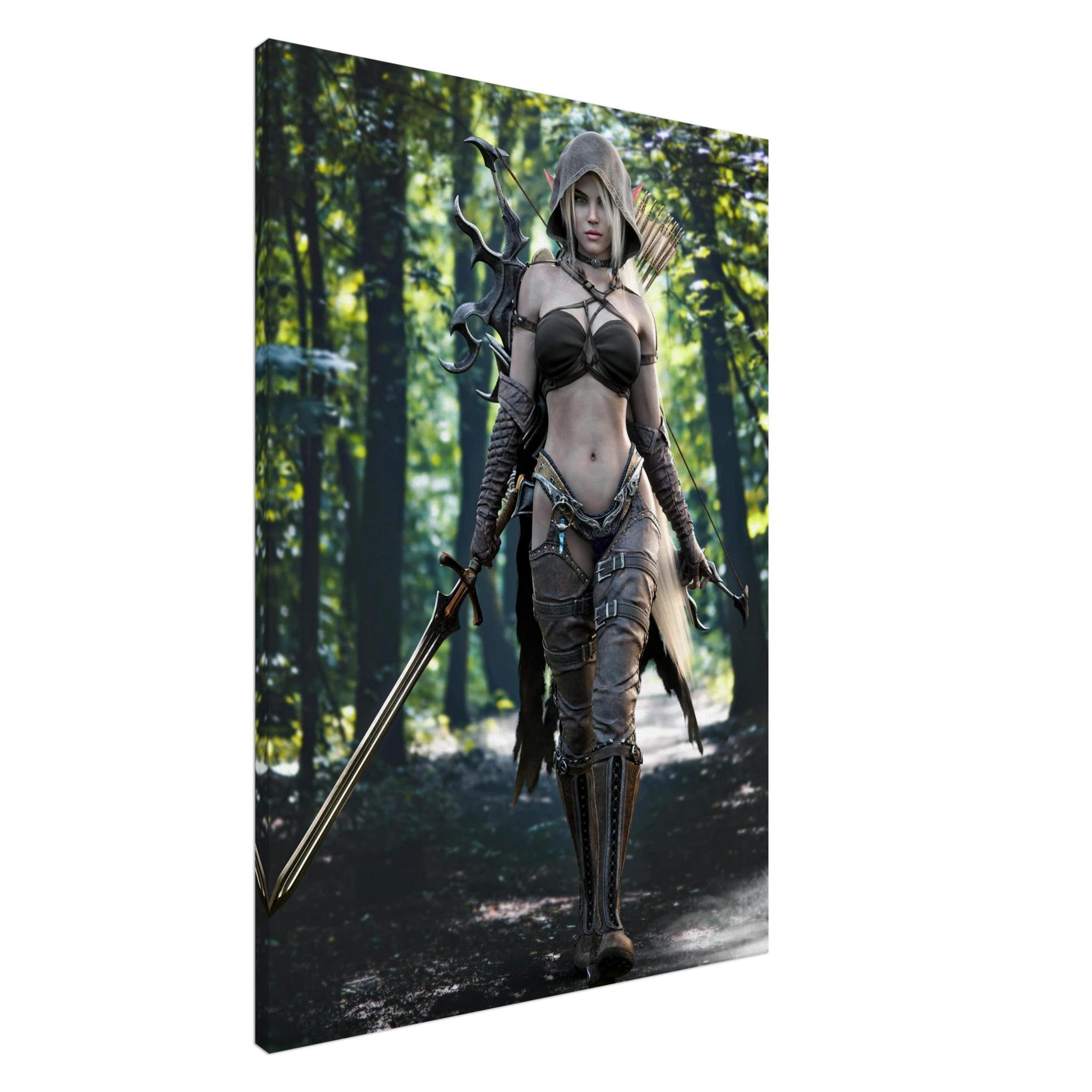 Handcrafted Dark Elf Ranger wall art featuring a hooded female elven ranger carrying a longsword, ornate bow, and quiver of arrows while walking through an enchanted forest. Fantasy artwork perfect for gaming rooms, RPG fans, and medieval fantasy décor.
