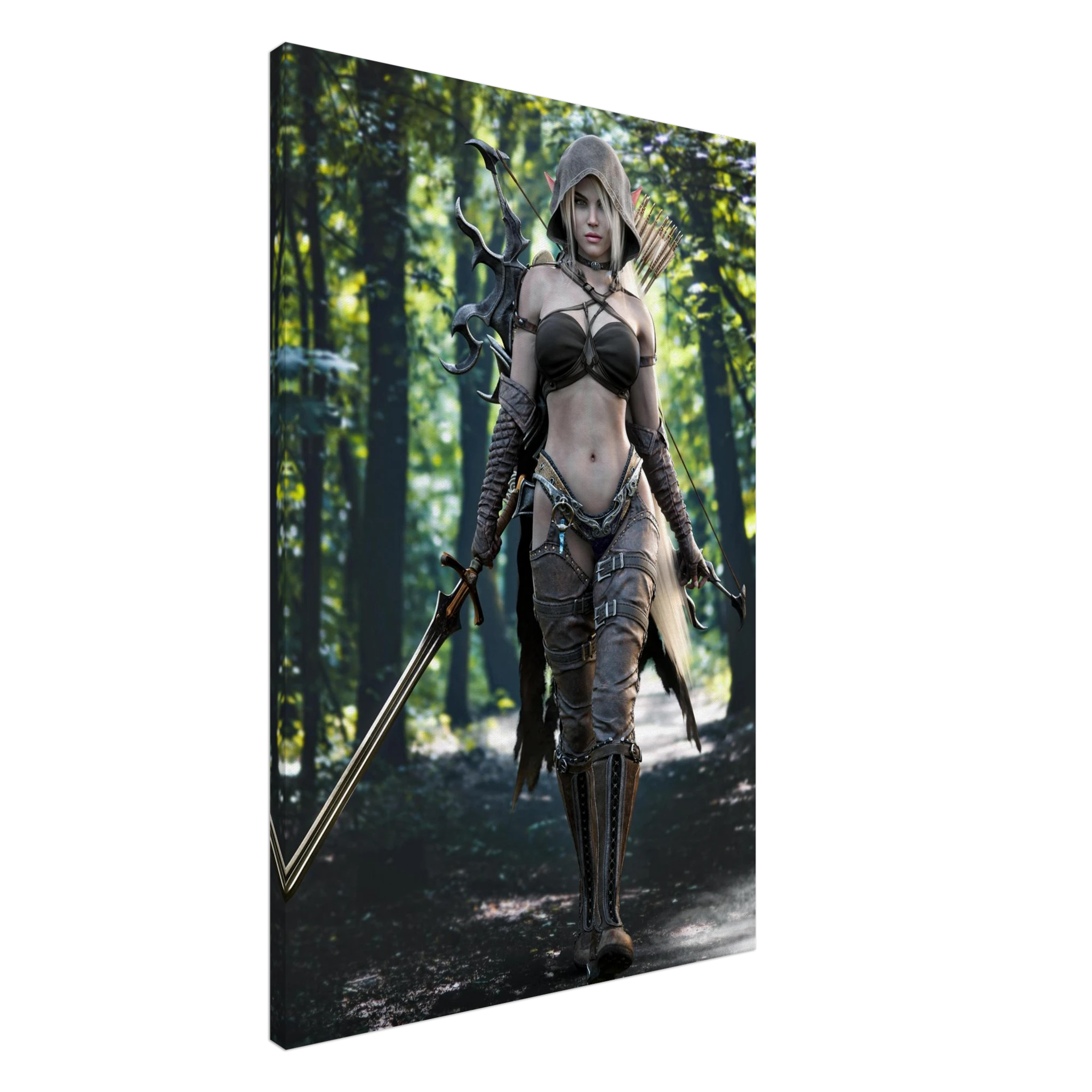 Handcrafted Dark Elf Ranger wall art featuring a hooded female elven ranger carrying a longsword, ornate bow, and quiver of arrows while walking through an enchanted forest. Fantasy artwork perfect for gaming rooms, RPG fans, and medieval fantasy décor.