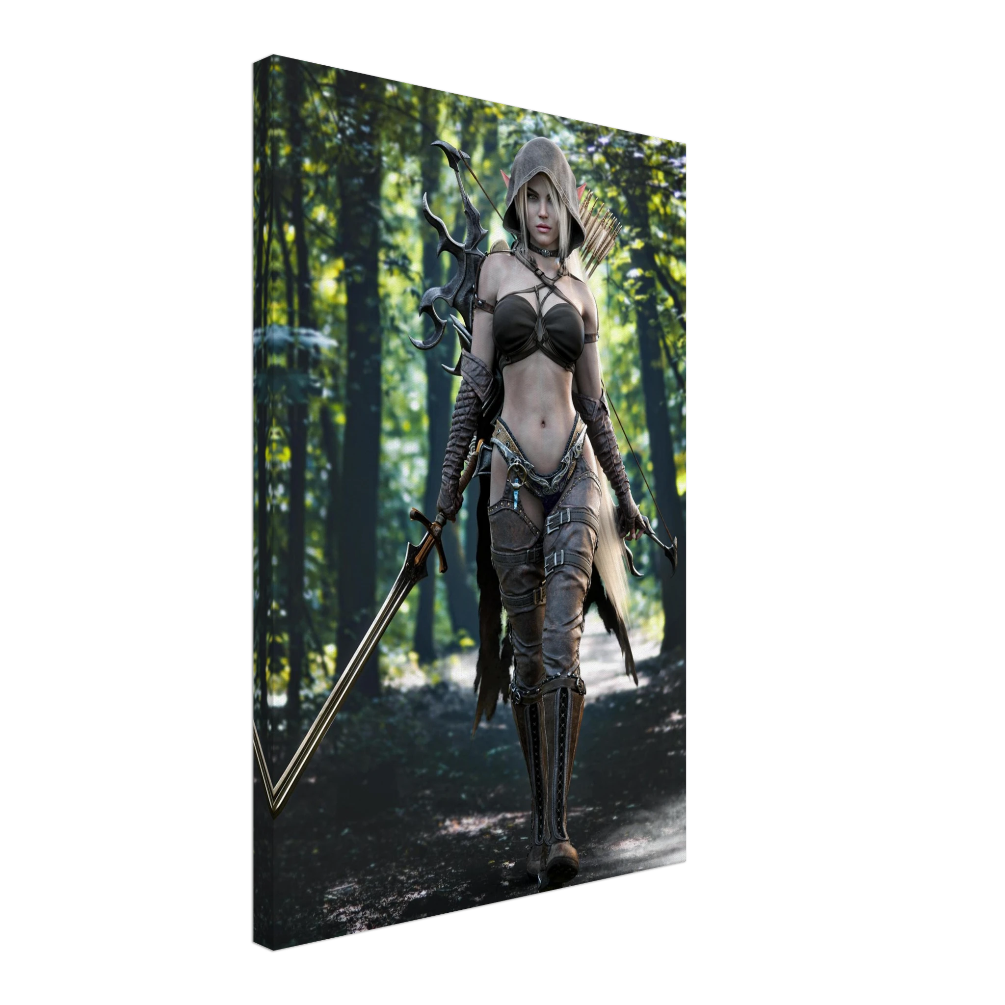 Handcrafted Dark Elf Ranger wall art featuring a hooded female elven ranger carrying a longsword, ornate bow, and quiver of arrows while walking through an enchanted forest. Fantasy artwork perfect for gaming rooms, RPG fans, and medieval fantasy décor.