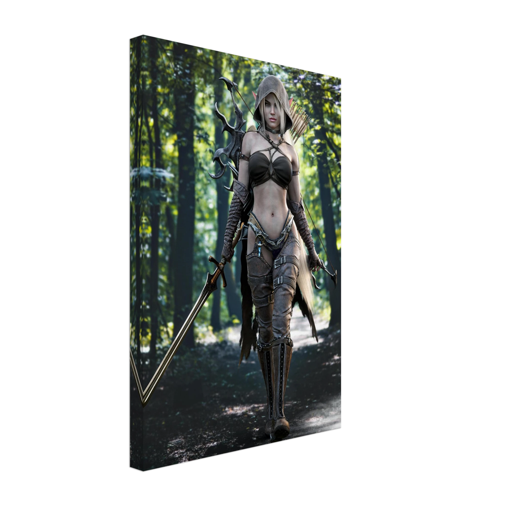 Handcrafted Dark Elf Ranger wall art featuring a hooded female elven ranger carrying a longsword, ornate bow, and quiver of arrows while walking through an enchanted forest. Fantasy artwork perfect for gaming rooms, RPG fans, and medieval fantasy décor.