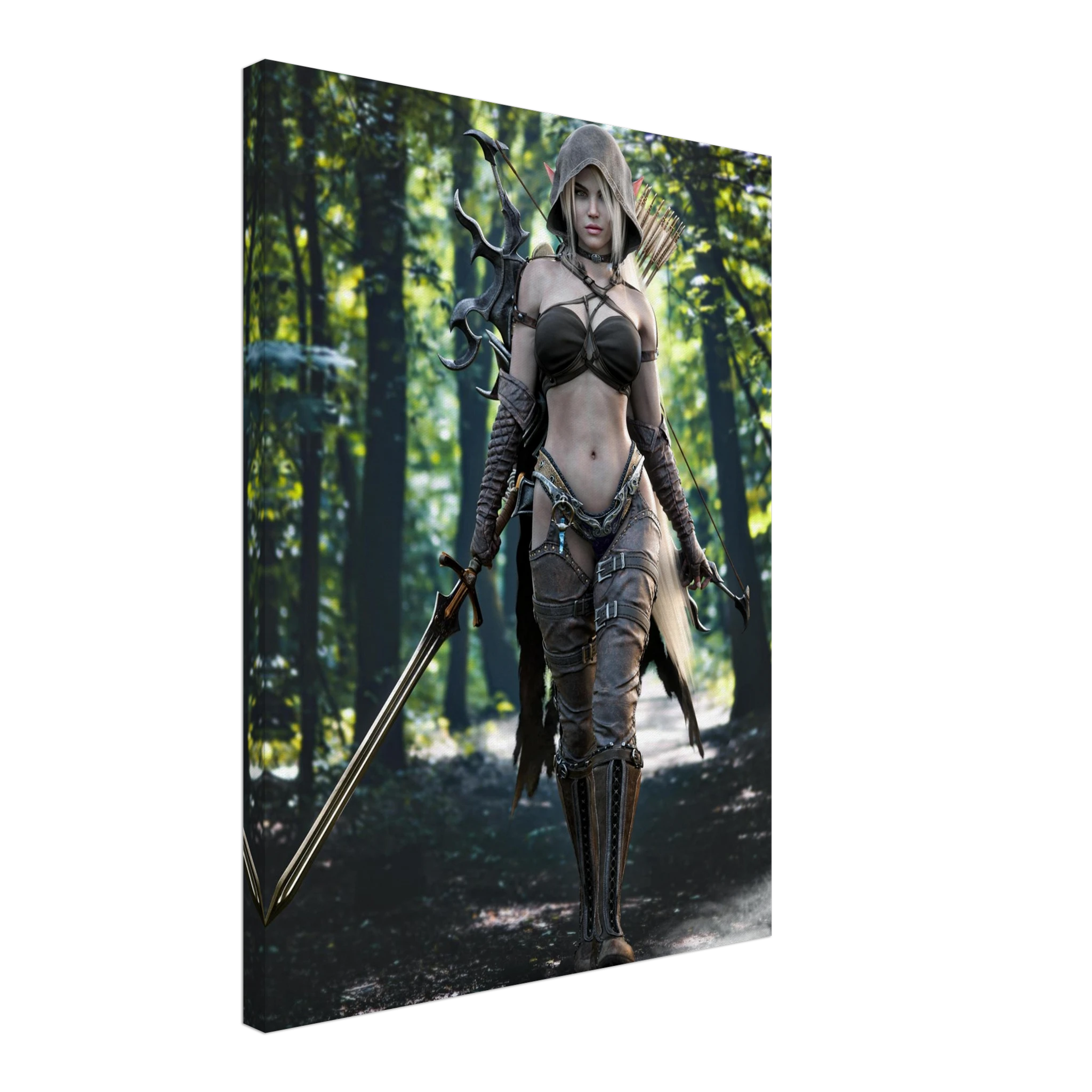 Handcrafted Dark Elf Ranger wall art featuring a hooded female elven ranger carrying a longsword, ornate bow, and quiver of arrows while walking through an enchanted forest. Fantasy artwork perfect for gaming rooms, RPG fans, and medieval fantasy décor.