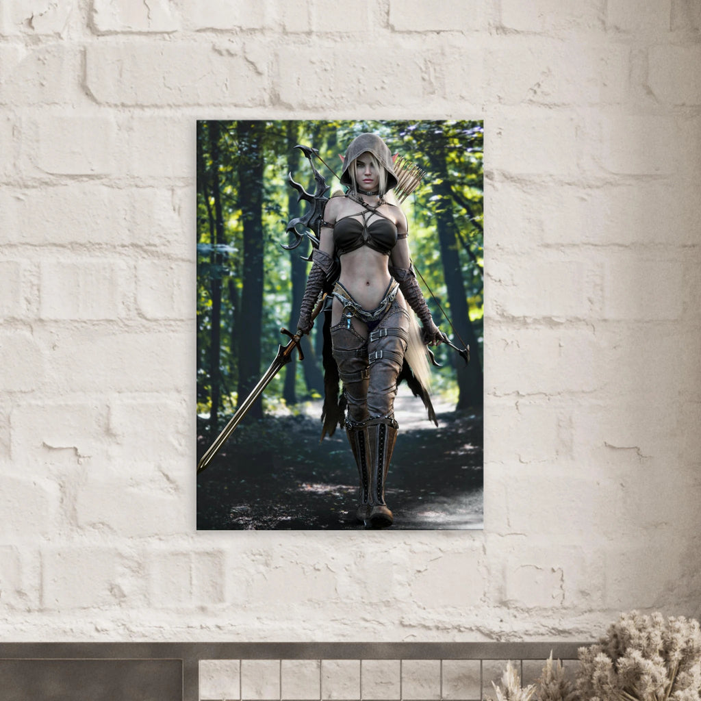 Handcrafted Dark Elf Ranger wall art featuring a hooded female elven ranger carrying a longsword, ornate bow, and quiver of arrows while walking through an enchanted forest. Fantasy artwork perfect for gaming rooms, RPG fans, and medieval fantasy décor.
