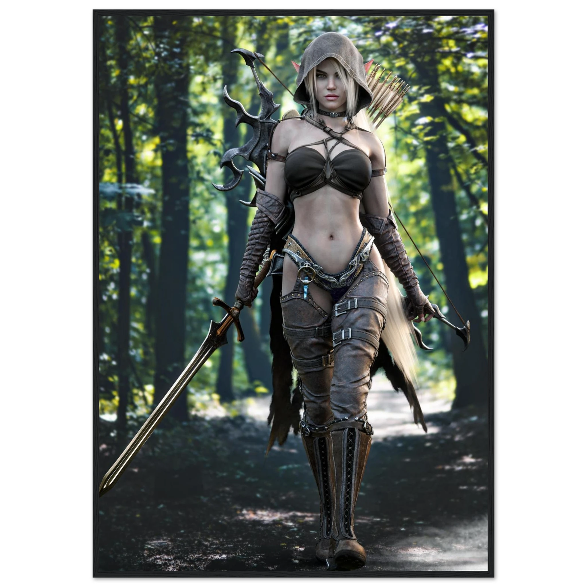 A vertical art print depicting a fantasy female archer walking through a sun-dappled forest. She wears a dark brown hooded bikini-style top, matching arm sleeves, a harness belt, and tall brown boots, carrying a sword and bow.