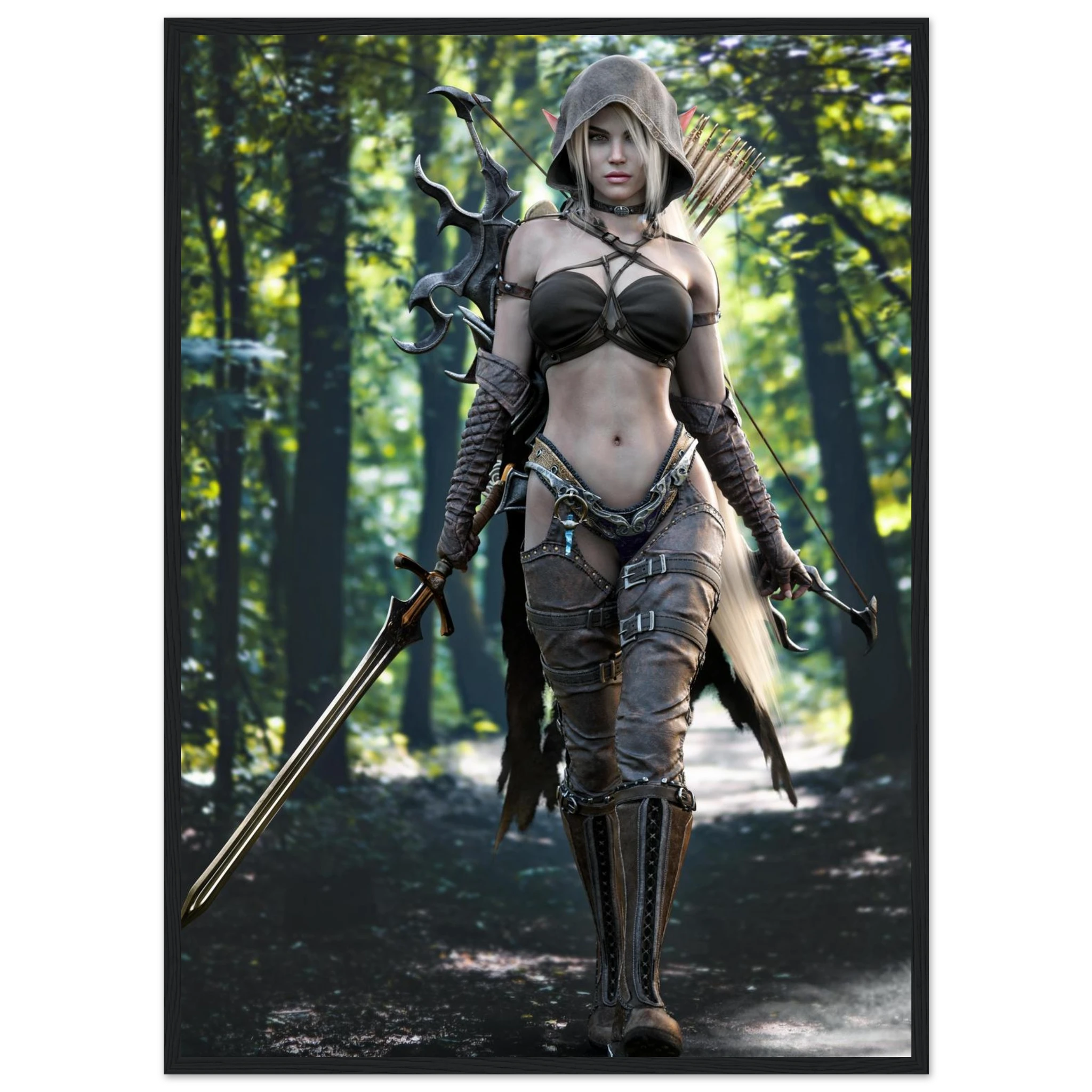 A framed fantasy art print depicting a female archer in dark brown and black armor walking through a sun-dappled forest, holding a sword and bow.