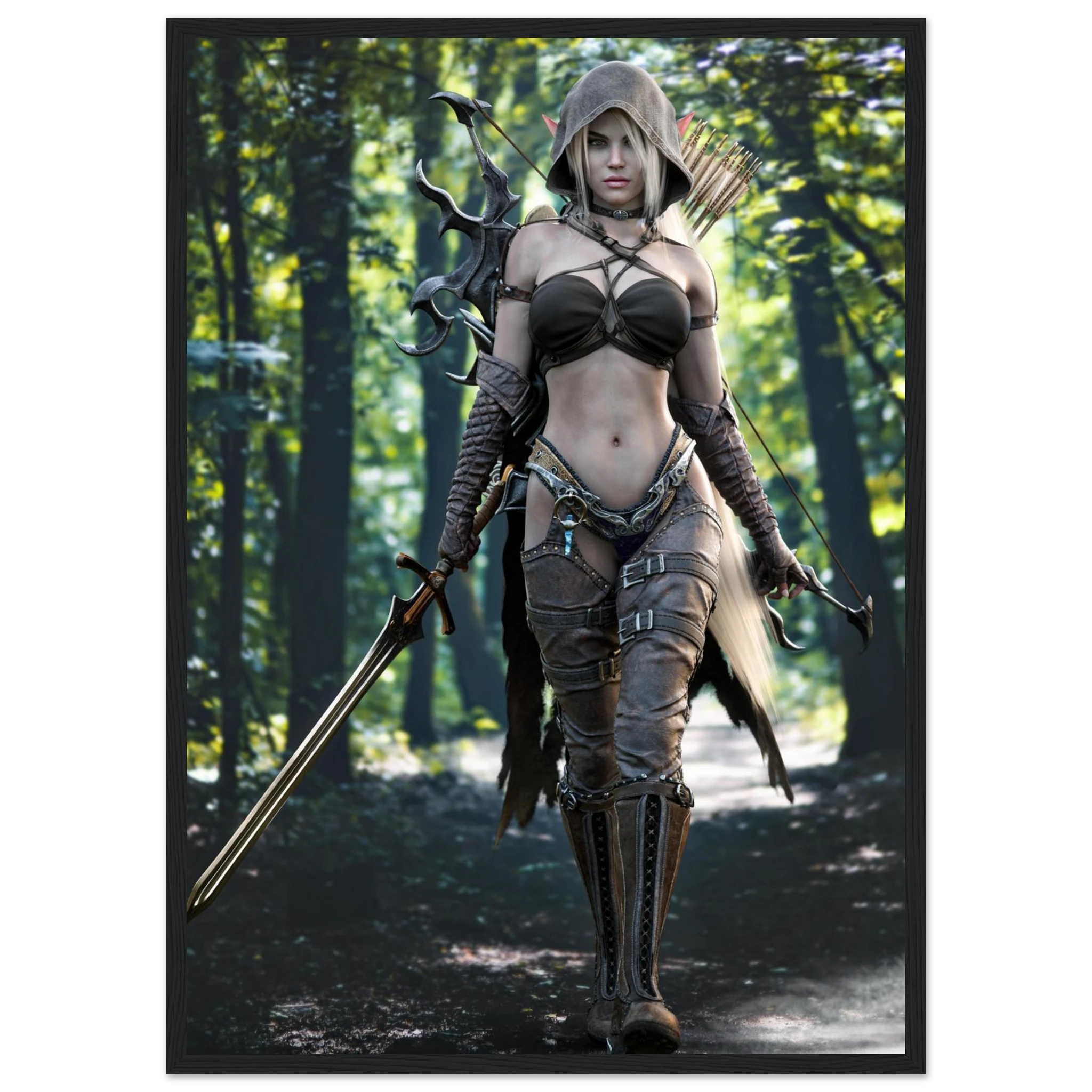 A framed fantasy art print depicting a female archer walking through a sun-dappled forest, wearing a dark brown hooded bikini-style outfit with leather-like armor details and carrying a bow and sword.