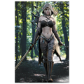 Handcrafted Dark Elf Ranger wall art featuring a hooded female elven ranger carrying a longsword, ornate bow, and quiver of arrows while walking through an enchanted forest. Fantasy artwork perfect for gaming rooms, RPG fans, and medieval fantasy décor.