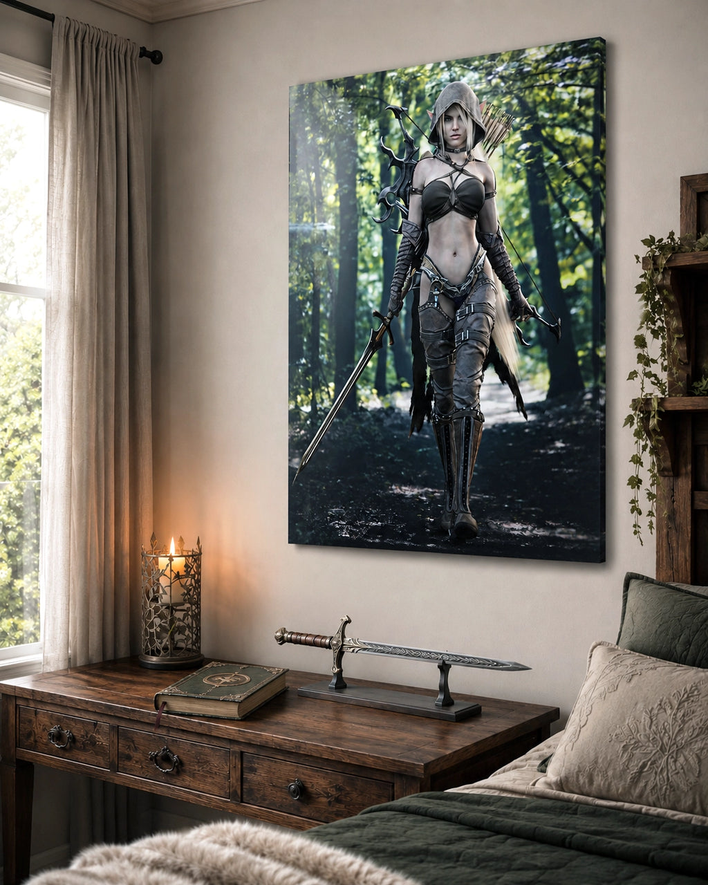 Handcrafted Dark Elf Ranger wall art featuring a hooded female elven ranger carrying a longsword, ornate bow, and quiver of arrows while walking through an enchanted forest. Fantasy artwork perfect for gaming rooms, RPG fans, and medieval fantasy décor.