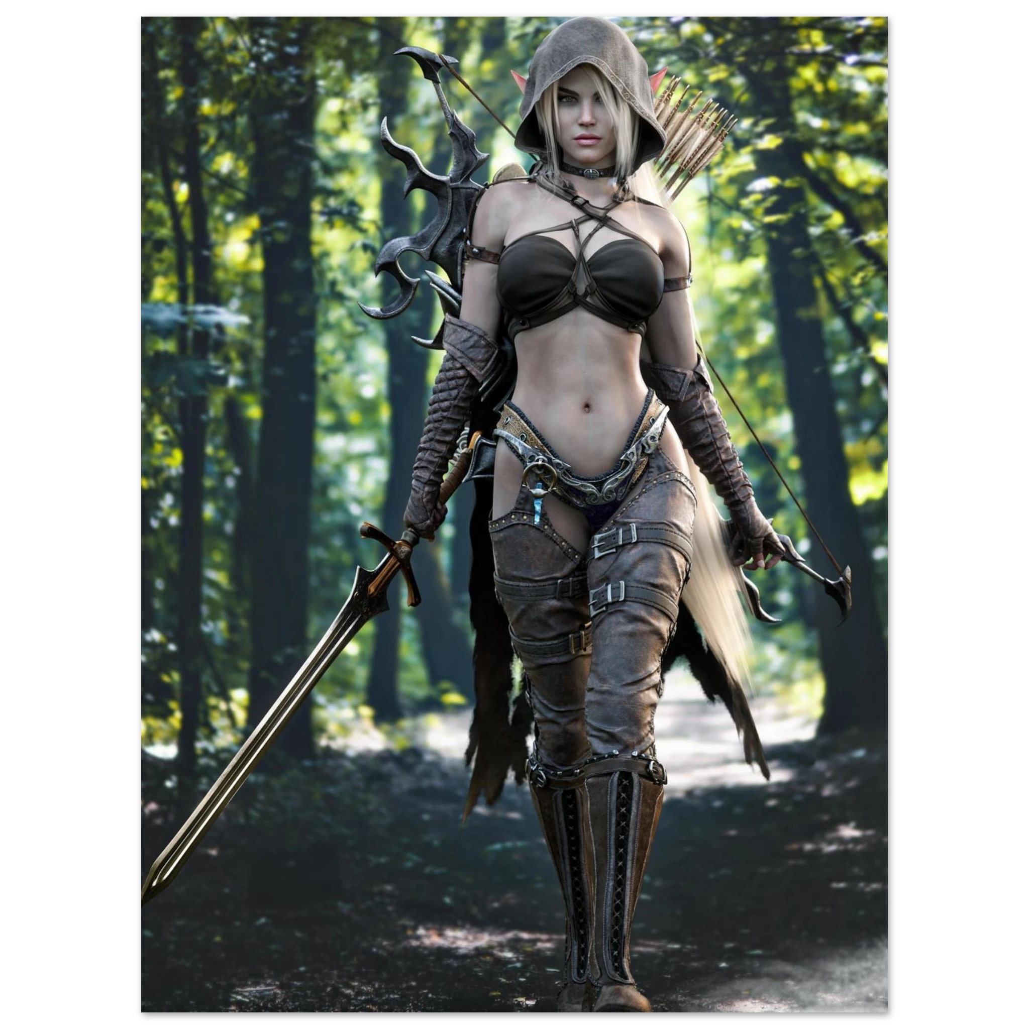 A fantasy female archer character standing in a forest, wearing a dark brown hooded outfit with leather-like armor details, holding a sword and bow, with arrows on her back.