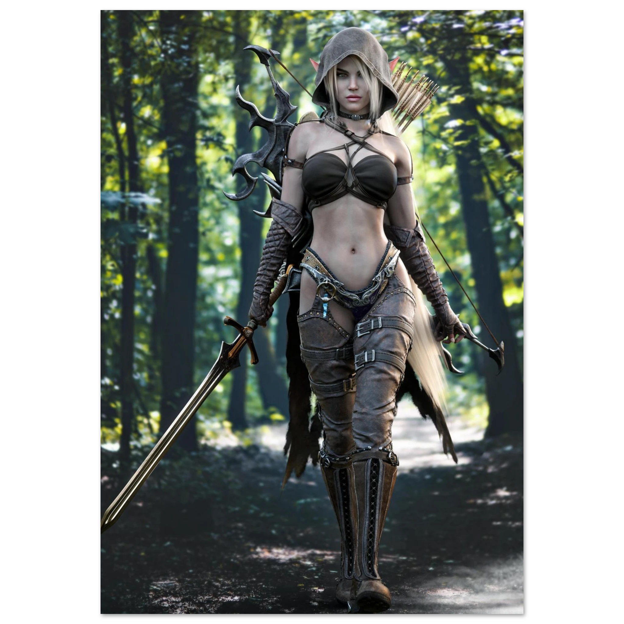 A fantasy female warrior character walking through a forest, wearing brown and black leather-like armor with a hood, carrying a sword, bow, and arrows.