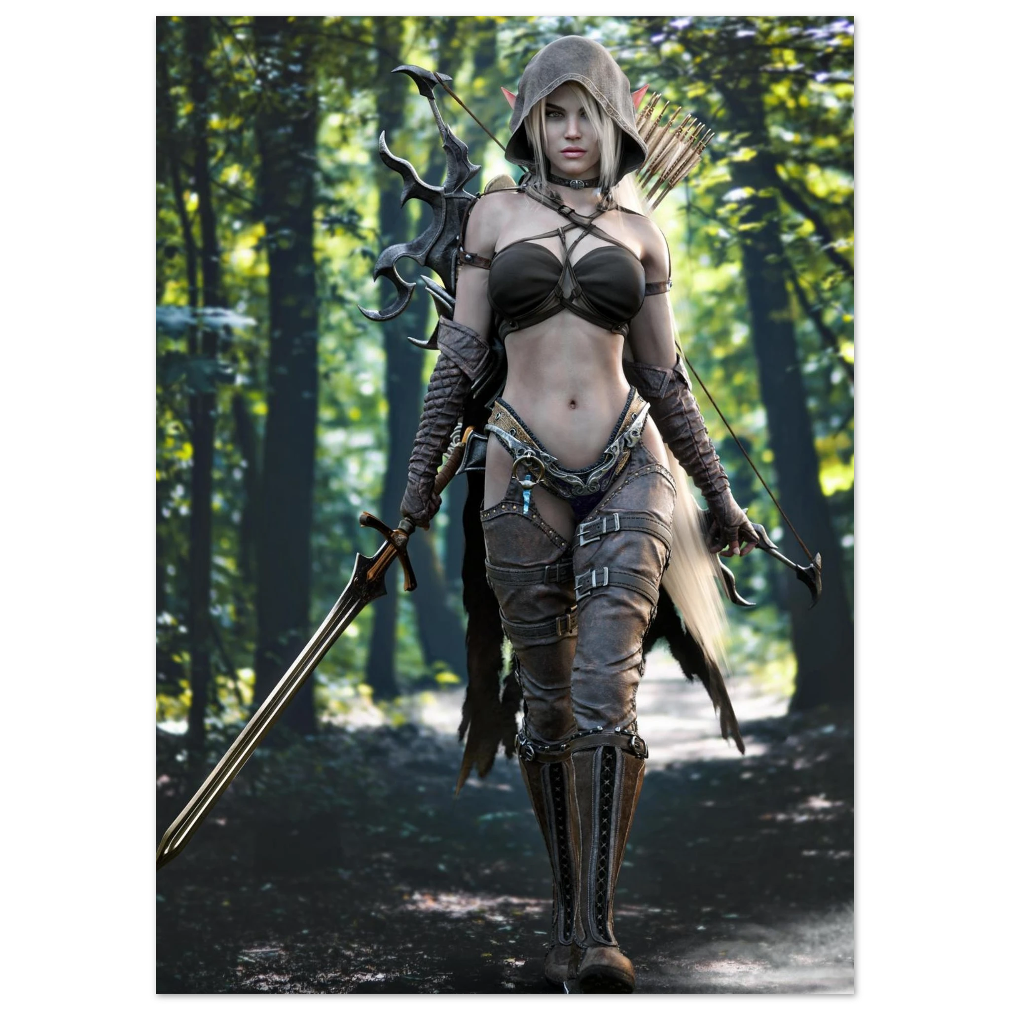A fantasy female archer character walking through a forest, wearing a brown hooded outfit with leather-like armor details, carrying a bow and sword.