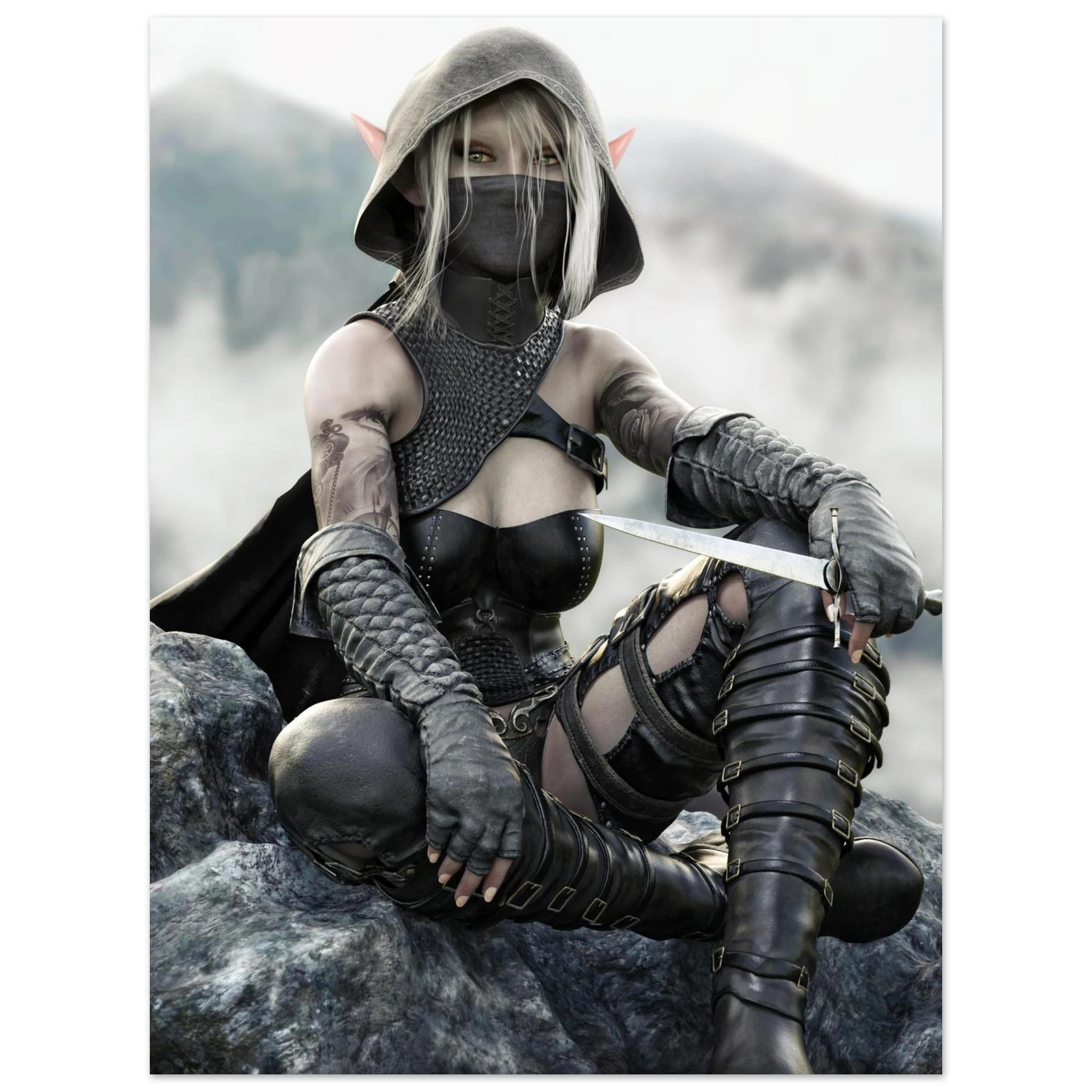 Handcrafted Dark Elf Rogue wall art featuring a hooded female elven assassin seated on rocky cliffs with a dagger in hand. Fantasy artwork ideal for gaming rooms, RPG fans, and medieval fantasy décor.