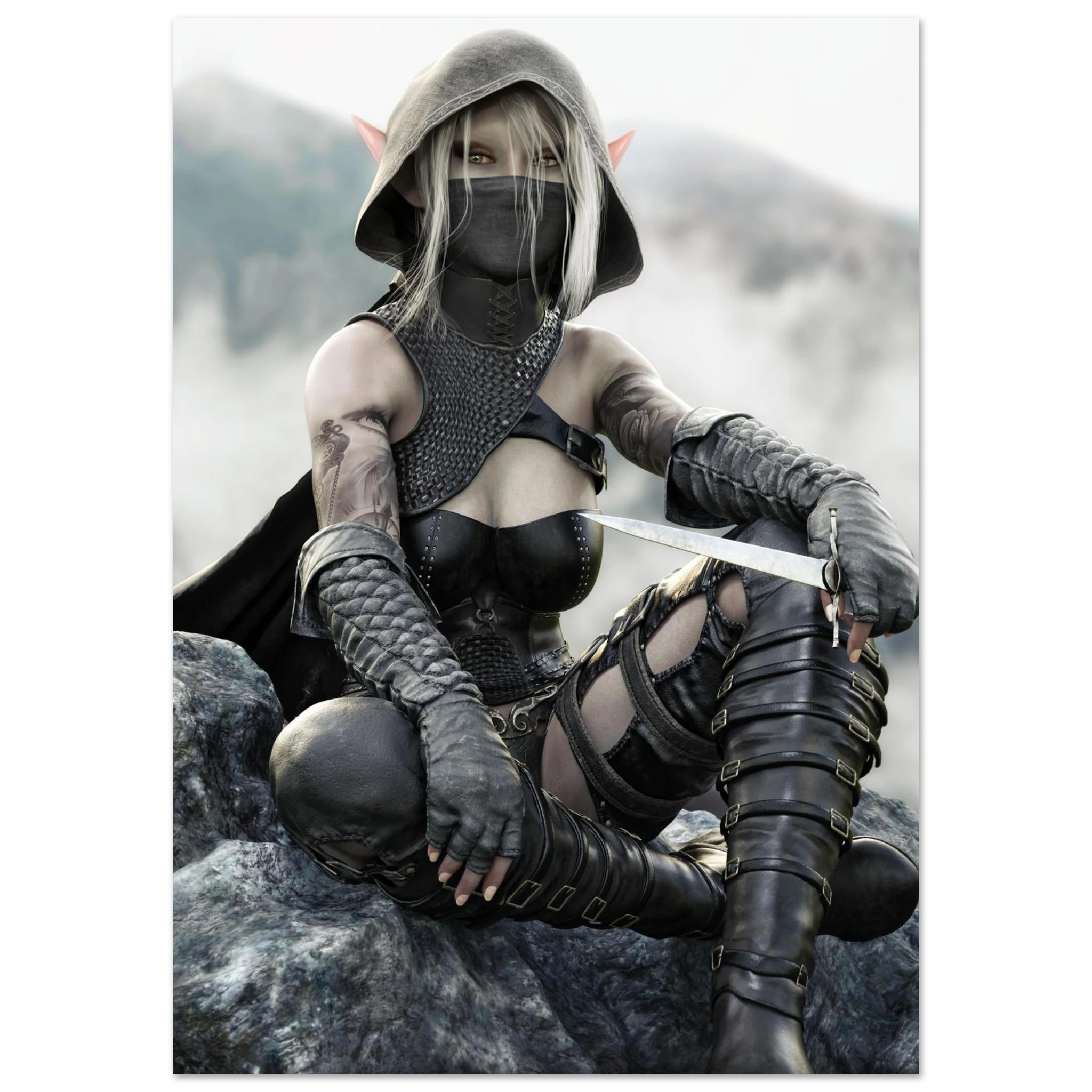 Handcrafted Dark Elf Rogue wall art featuring a hooded female elven assassin seated on rocky cliffs with a dagger in hand. Fantasy artwork ideal for gaming rooms, RPG fans, and medieval fantasy décor.