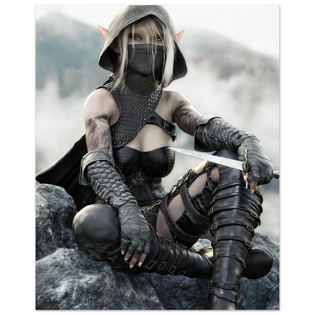 Handcrafted Dark Elf Rogue wall art featuring a hooded female elven assassin seated on rocky cliffs with a dagger in hand. Fantasy artwork ideal for gaming rooms, RPG fans, and medieval fantasy décor.