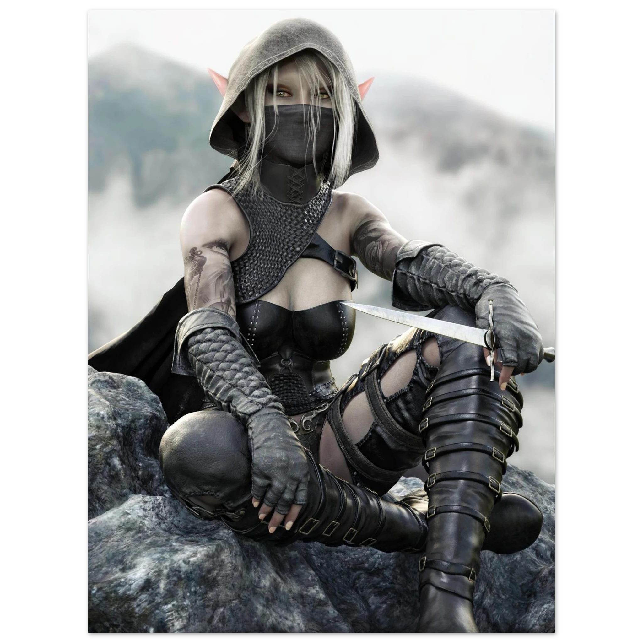 Handcrafted Dark Elf Rogue wall art featuring a hooded female elven assassin seated on rocky cliffs with a dagger in hand. Fantasy artwork ideal for gaming rooms, RPG fans, and medieval fantasy décor.