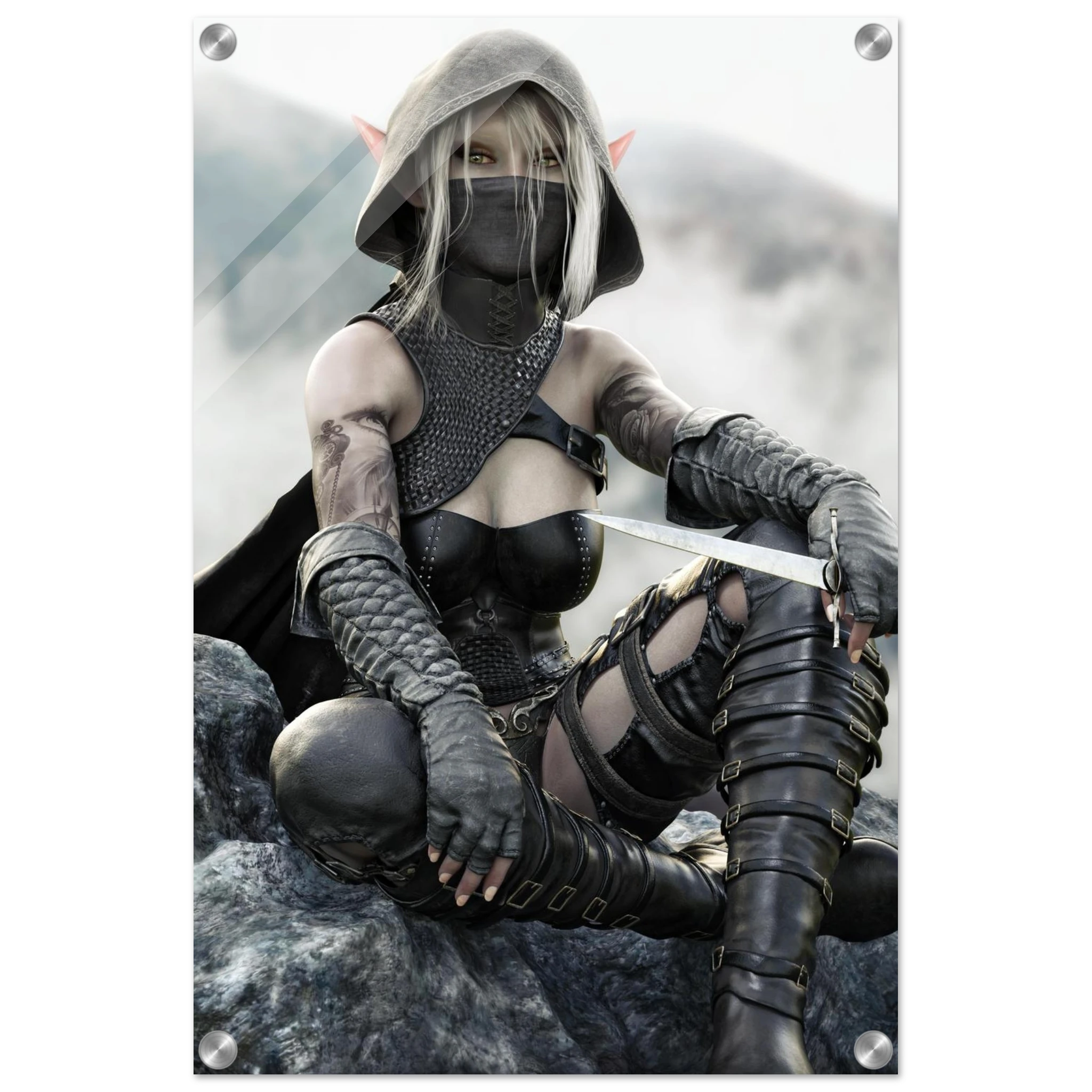 Handcrafted Dark Elf Rogue wall art featuring a hooded female elven assassin seated on rocky cliffs with a dagger in hand. Fantasy artwork ideal for gaming rooms, RPG fans, and medieval fantasy décor.