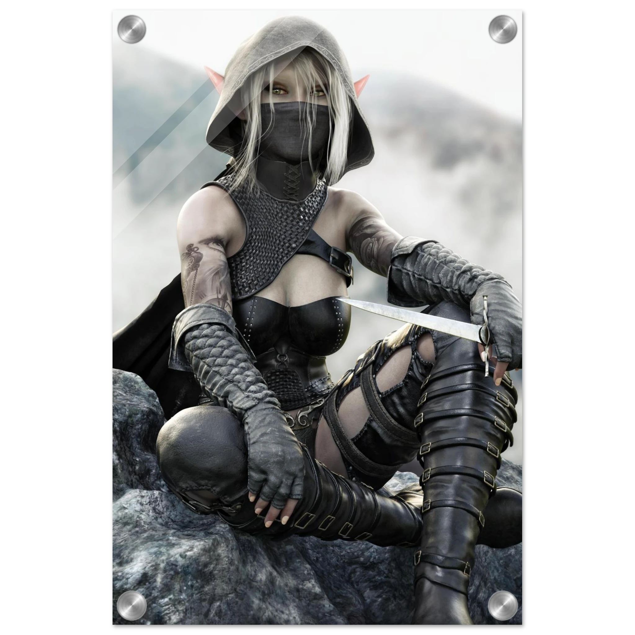 Handcrafted Dark Elf Rogue wall art featuring a hooded female elven assassin seated on rocky cliffs with a dagger in hand. Fantasy artwork ideal for gaming rooms, RPG fans, and medieval fantasy décor.