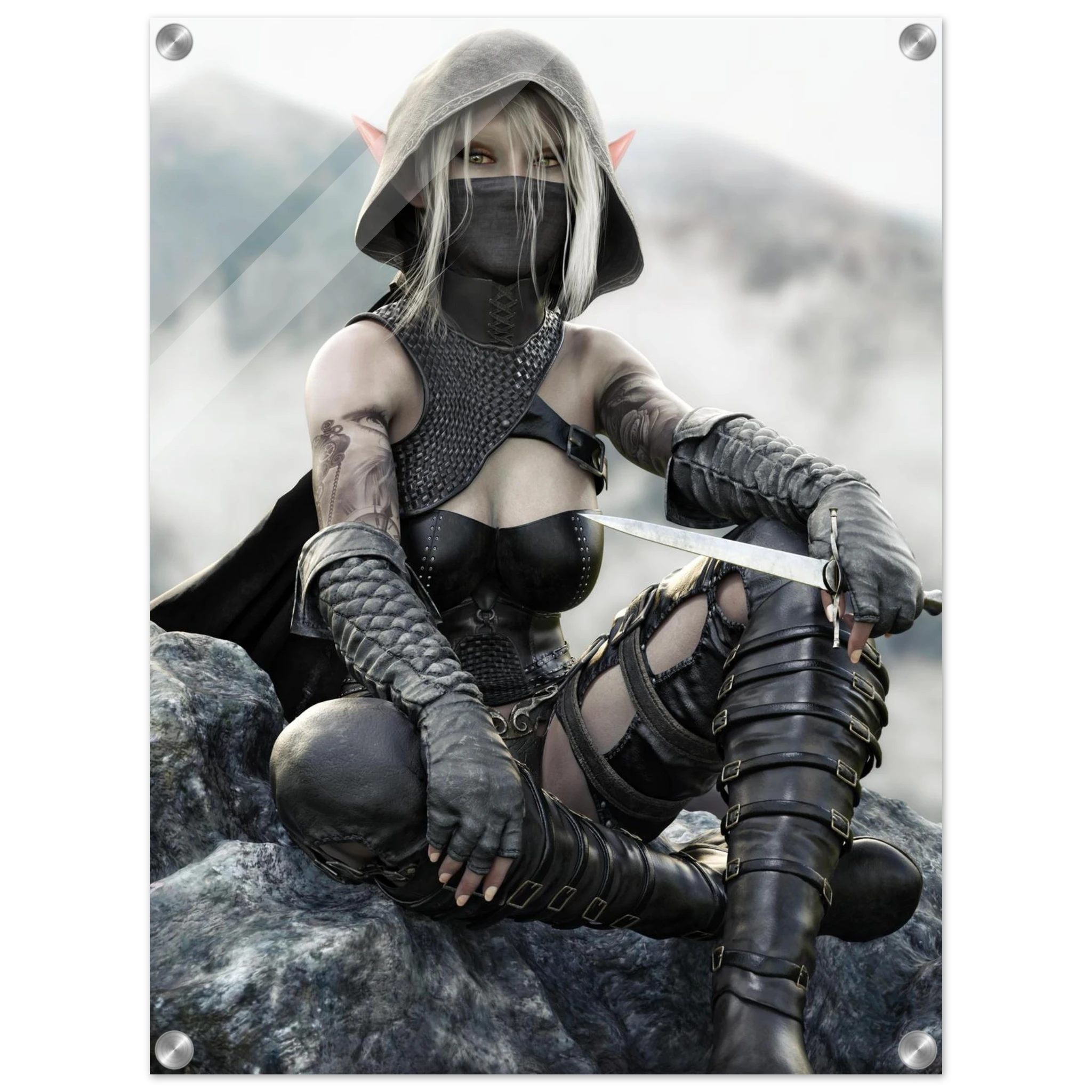 Handcrafted Dark Elf Rogue wall art featuring a hooded female elven assassin seated on rocky cliffs with a dagger in hand. Fantasy artwork ideal for gaming rooms, RPG fans, and medieval fantasy décor.