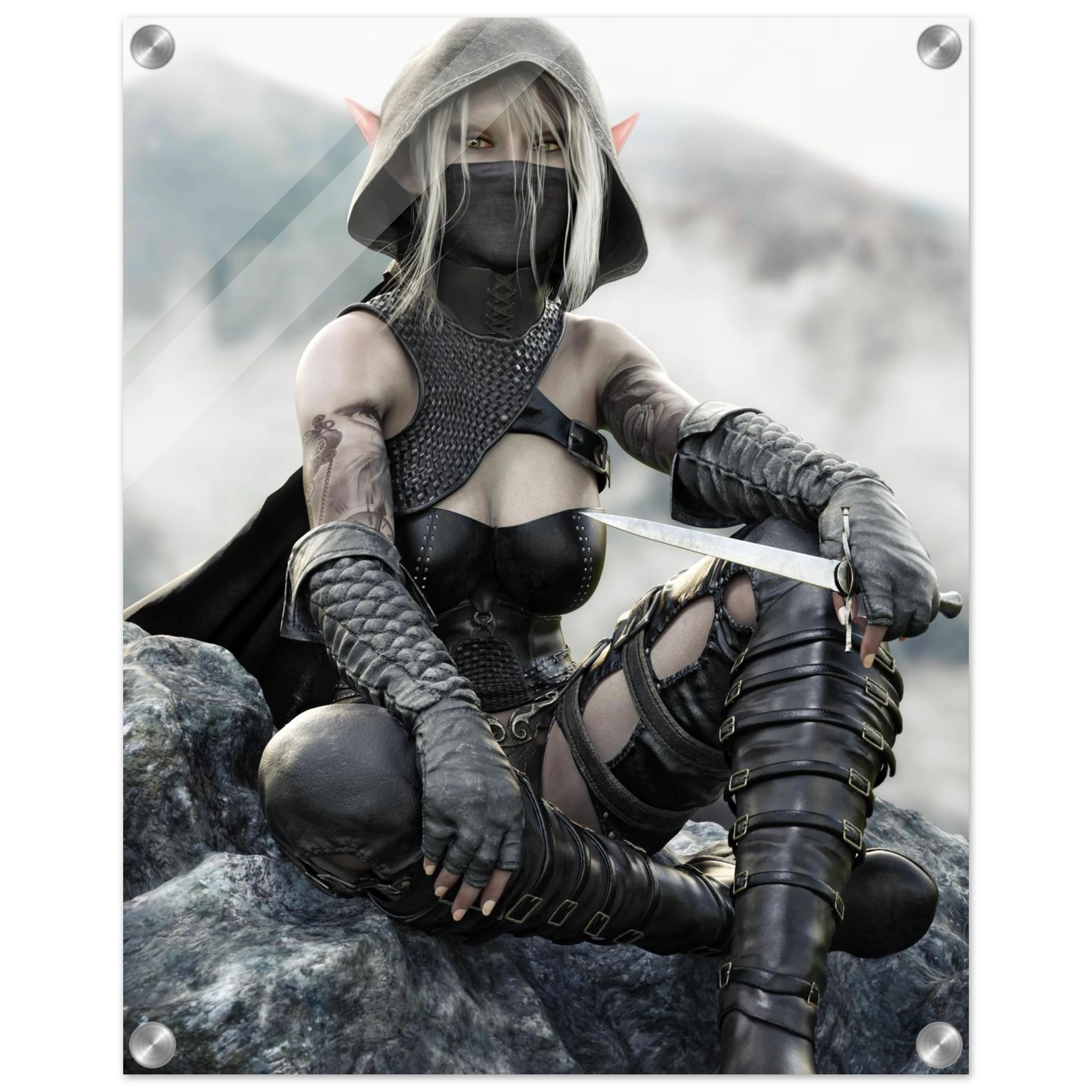 Handcrafted Dark Elf Rogue wall art featuring a hooded female elven assassin seated on rocky cliffs with a dagger in hand. Fantasy artwork ideal for gaming rooms, RPG fans, and medieval fantasy décor.