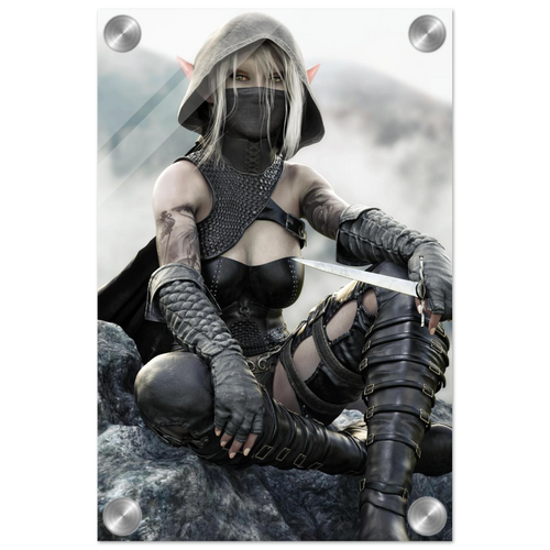 Handcrafted Dark Elf Rogue wall art featuring a hooded female elven assassin seated on rocky cliffs with a dagger in hand. Fantasy artwork ideal for gaming rooms, RPG fans, and medieval fantasy décor.