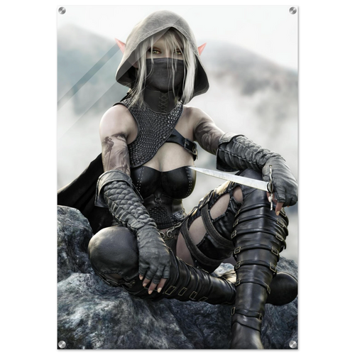 Handcrafted Dark Elf Rogue wall art featuring a hooded female elven assassin seated on rocky cliffs with a dagger in hand. Fantasy artwork ideal for gaming rooms, RPG fans, and medieval fantasy décor.