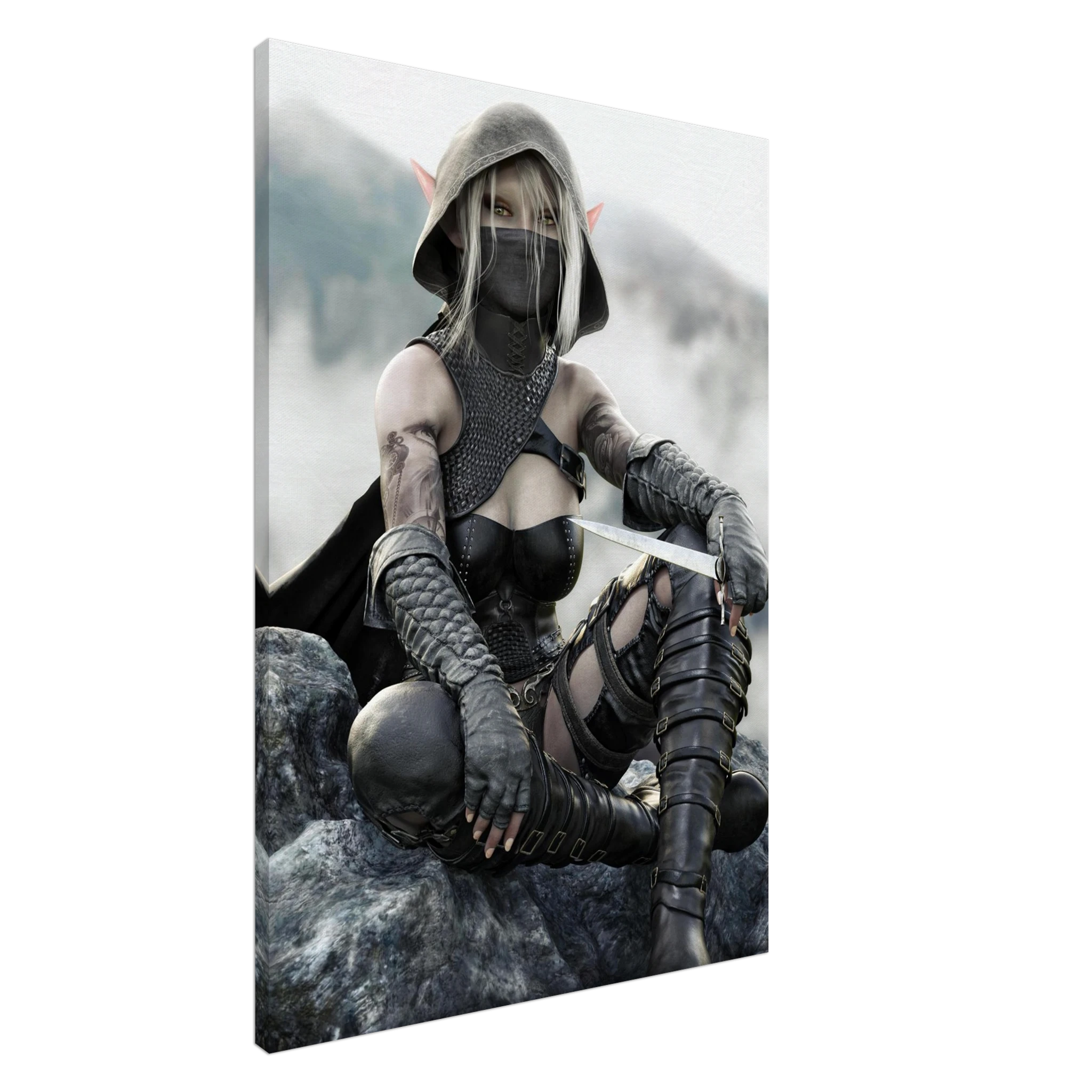 Handcrafted Dark Elf Rogue wall art featuring a hooded female elven assassin seated on rocky cliffs with a dagger in hand. Fantasy artwork ideal for gaming rooms, RPG fans, and medieval fantasy décor.