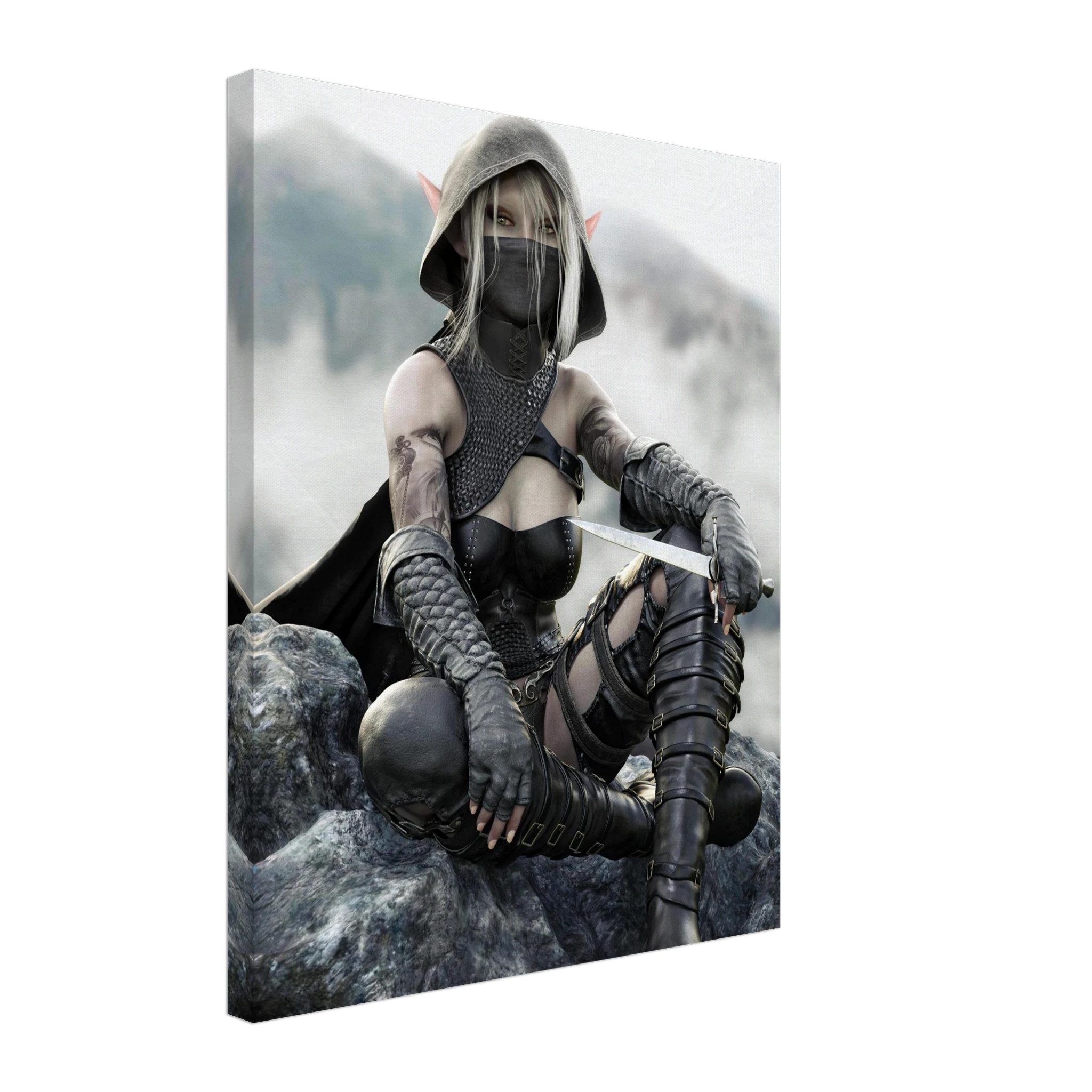 Handcrafted Dark Elf Rogue wall art featuring a hooded female elven assassin seated on rocky cliffs with a dagger in hand. Fantasy artwork ideal for gaming rooms, RPG fans, and medieval fantasy décor.