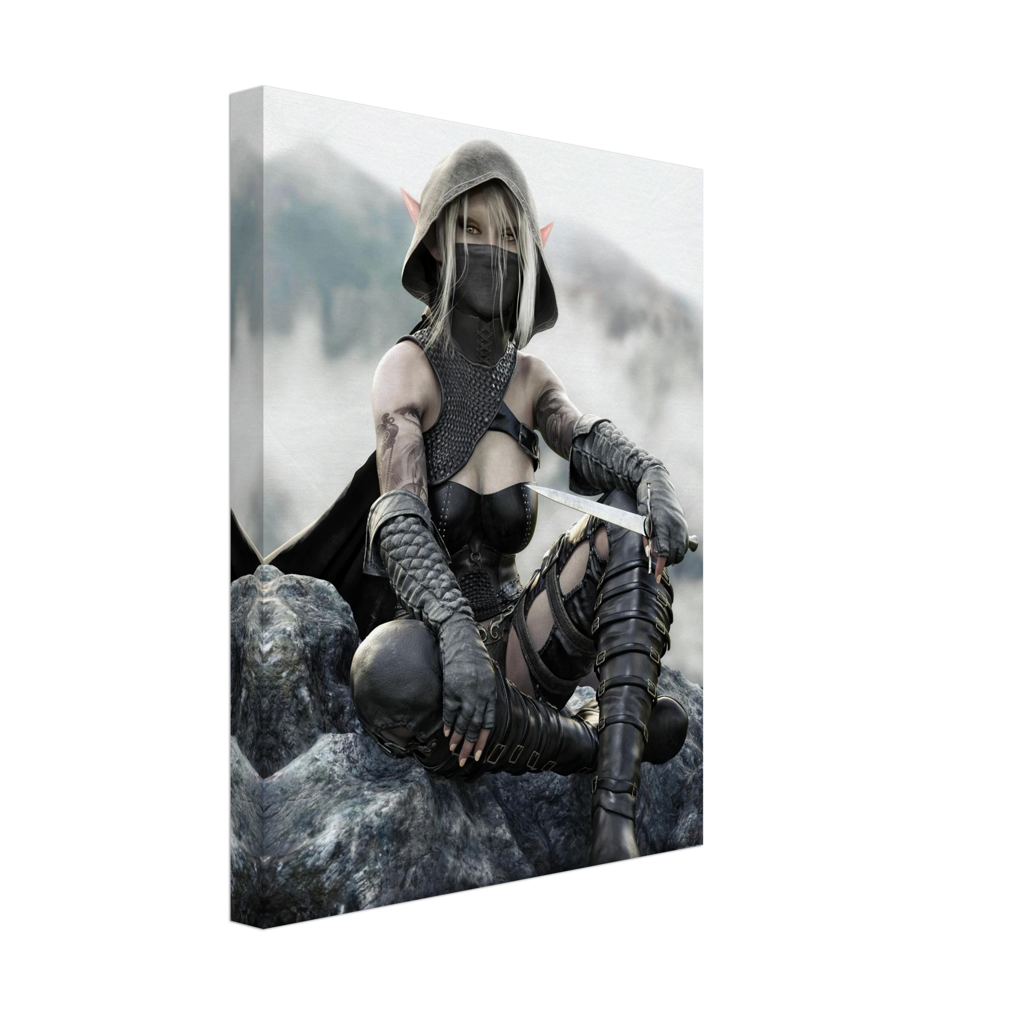 Handcrafted Dark Elf Rogue wall art featuring a hooded female elven assassin seated on rocky cliffs with a dagger in hand. Fantasy artwork ideal for gaming rooms, RPG fans, and medieval fantasy décor.