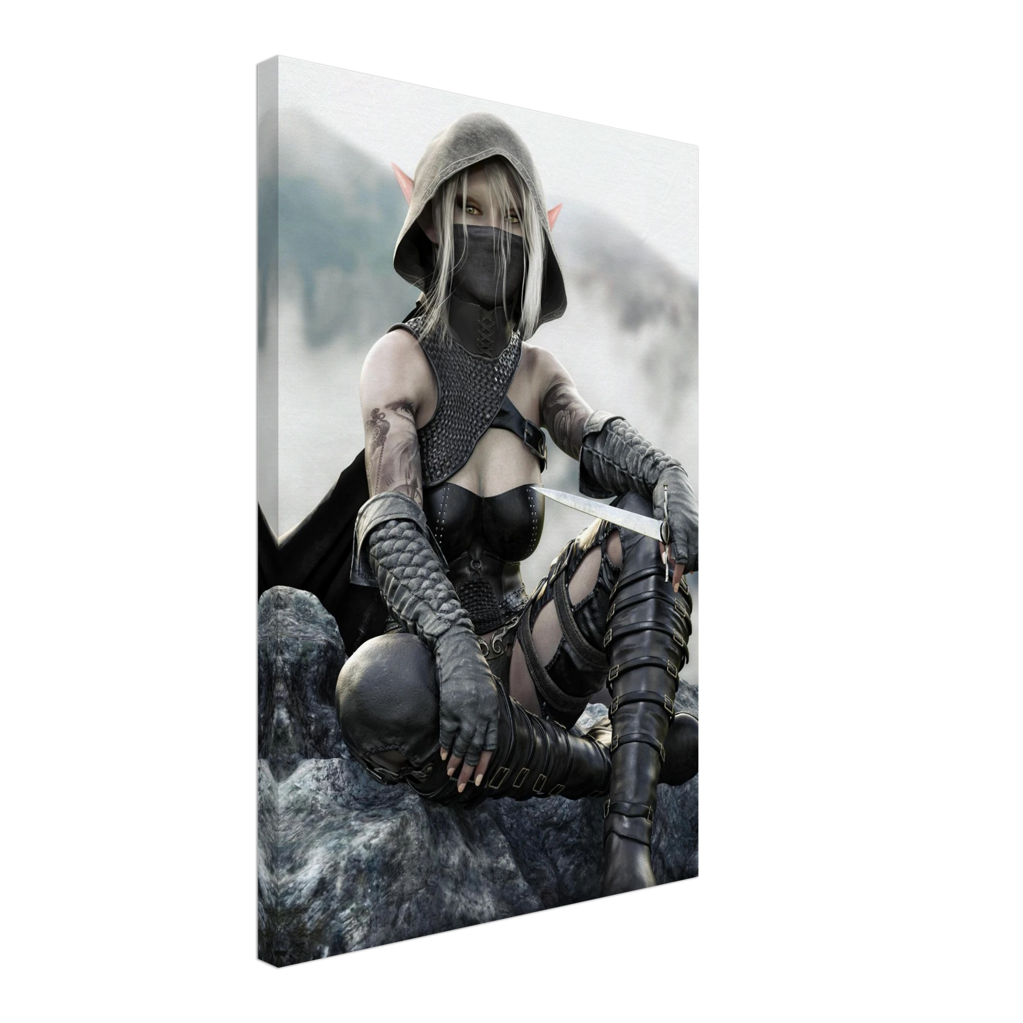Handcrafted Dark Elf Rogue wall art featuring a hooded female elven assassin seated on rocky cliffs with a dagger in hand. Fantasy artwork ideal for gaming rooms, RPG fans, and medieval fantasy décor.