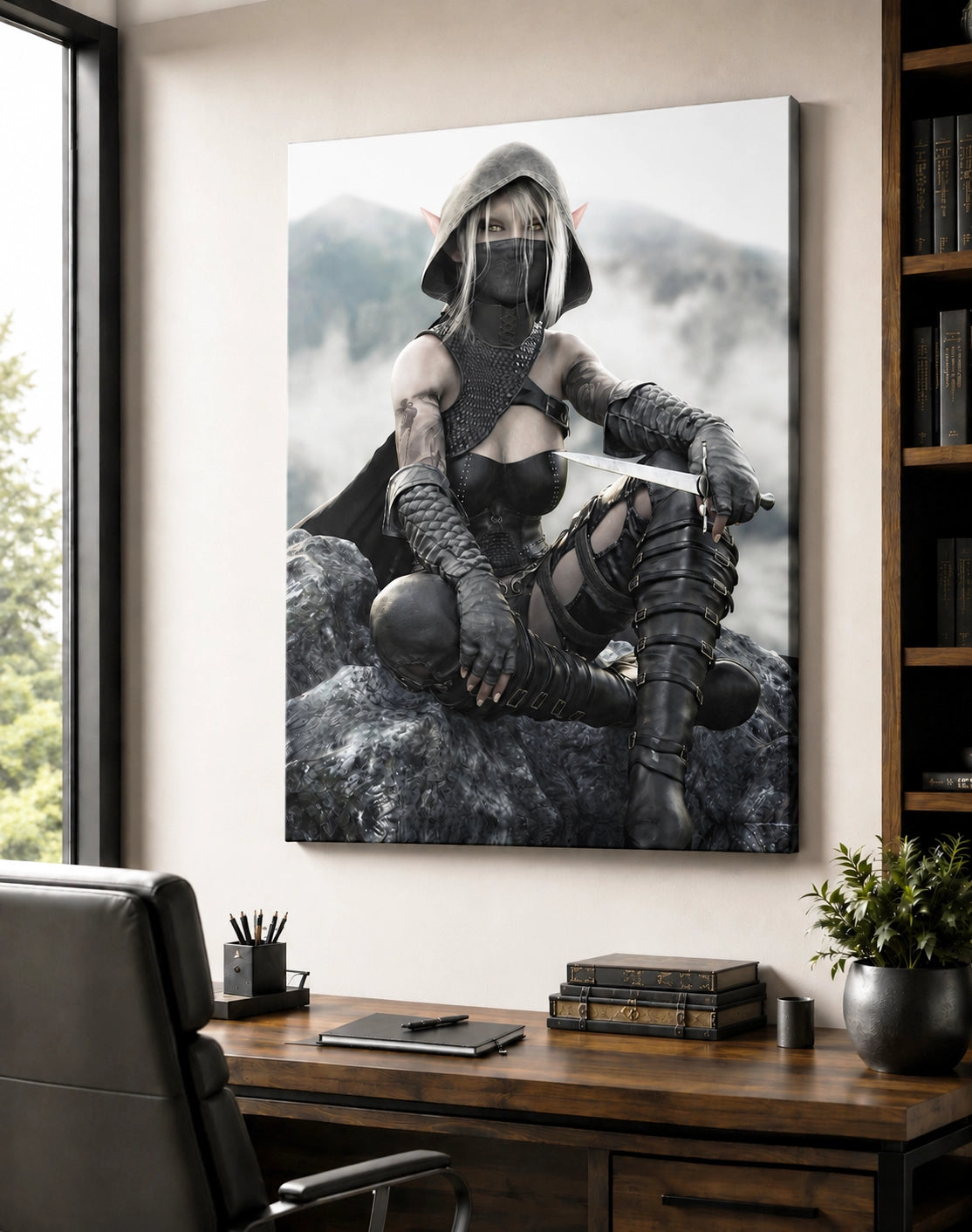 Handcrafted Dark Elf Rogue wall art featuring a hooded female elven assassin seated on rocky cliffs with a dagger in hand. Fantasy artwork ideal for gaming rooms, RPG fans, and medieval fantasy décor.