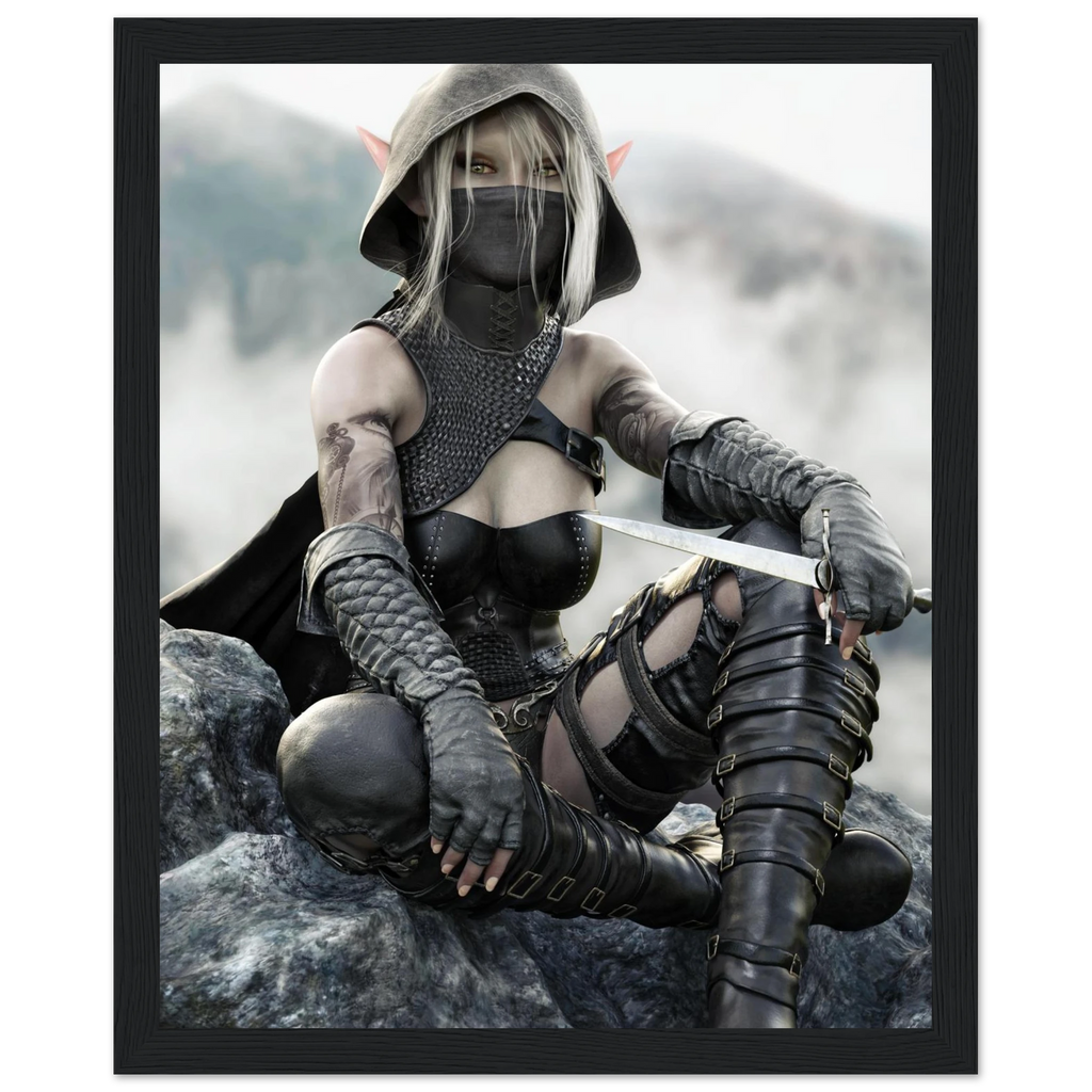 Handcrafted Dark Elf Rogue wall art featuring a hooded female elven assassin seated on rocky cliffs with a dagger in hand. Fantasy artwork ideal for gaming rooms, RPG fans, and medieval fantasy décor.