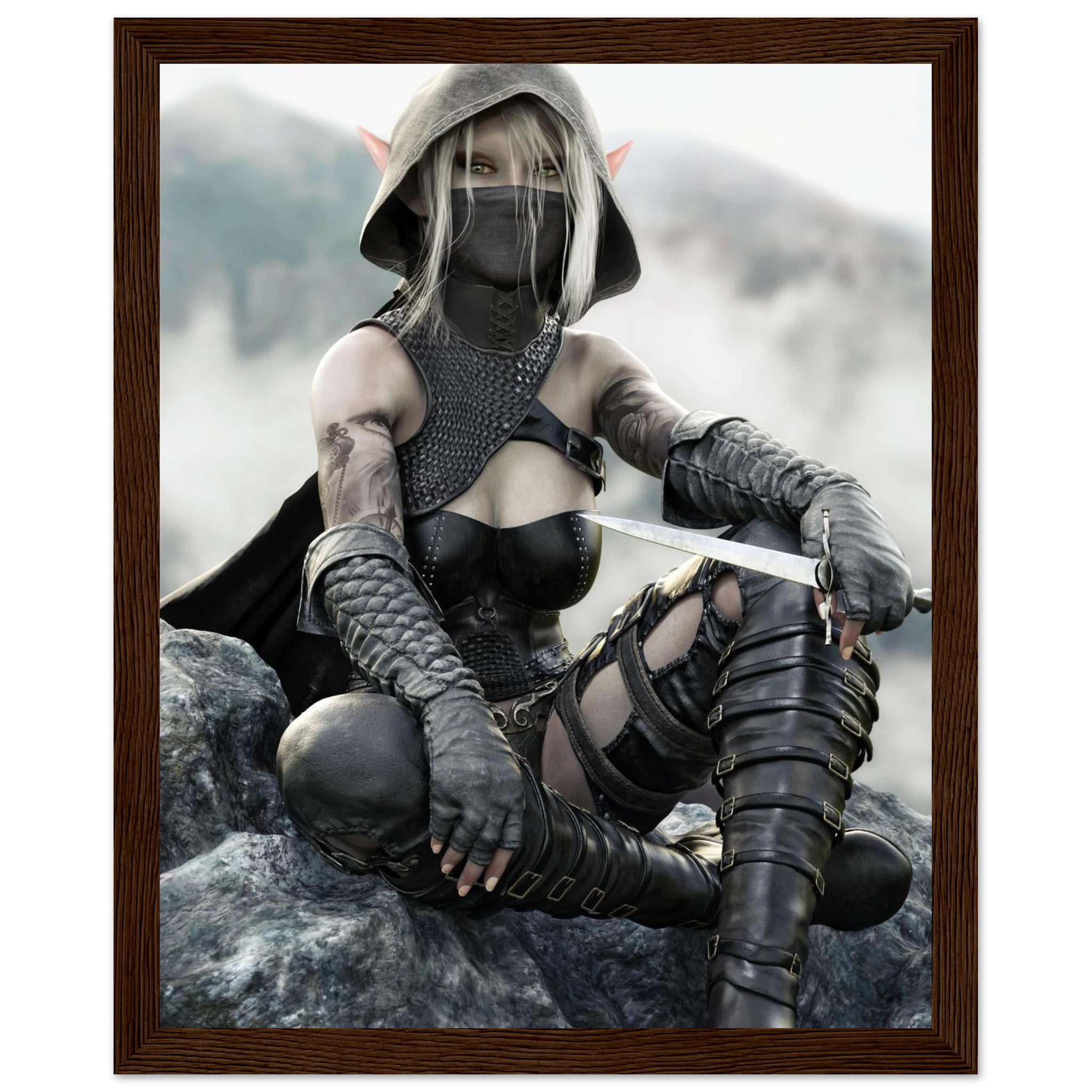 Handcrafted Dark Elf Rogue wall art featuring a hooded female elven assassin seated on rocky cliffs with a dagger in hand. Fantasy artwork ideal for gaming rooms, RPG fans, and medieval fantasy décor.