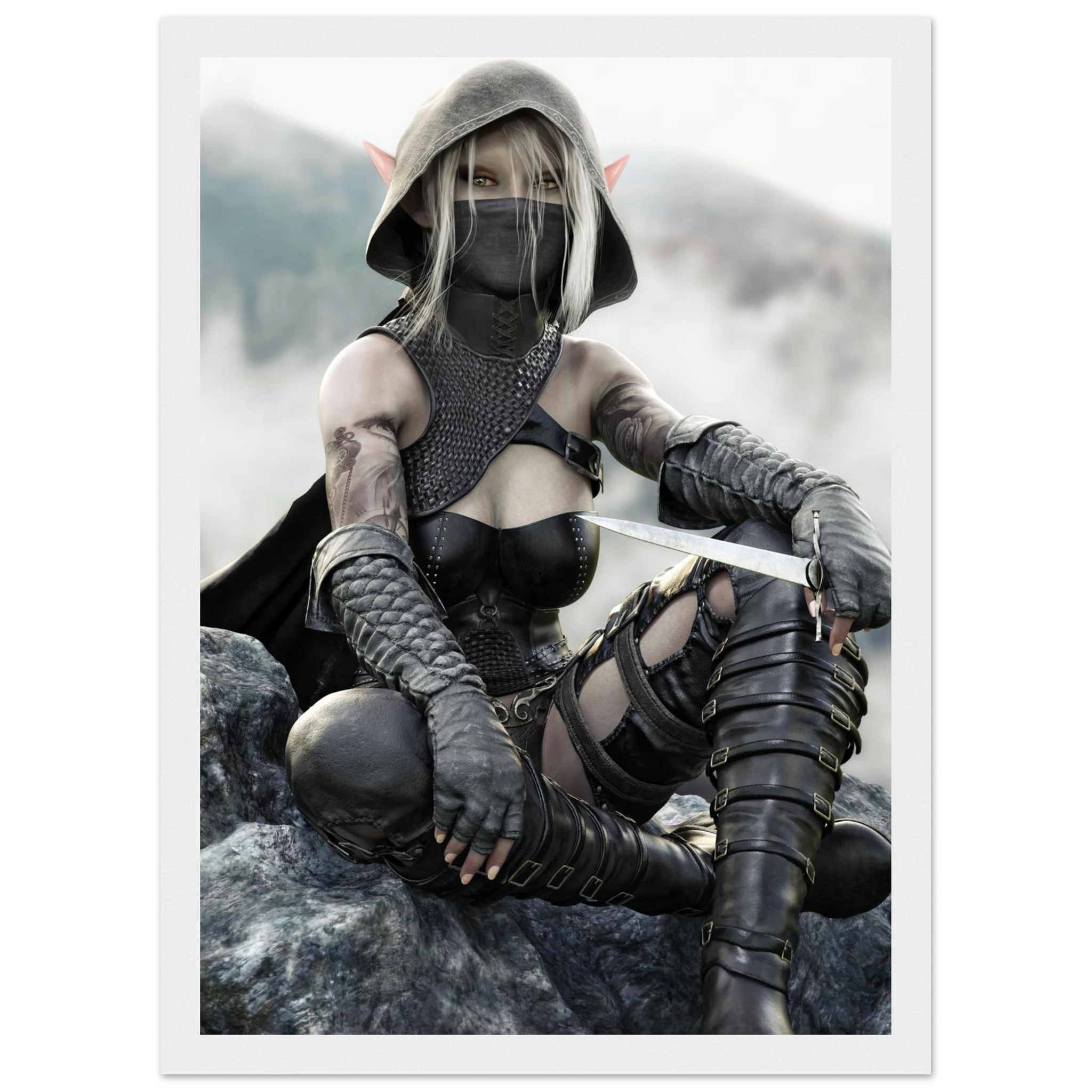 Handcrafted Dark Elf Rogue wall art featuring a hooded female elven assassin seated on rocky cliffs with a dagger in hand. Fantasy artwork ideal for gaming rooms, RPG fans, and medieval fantasy décor.