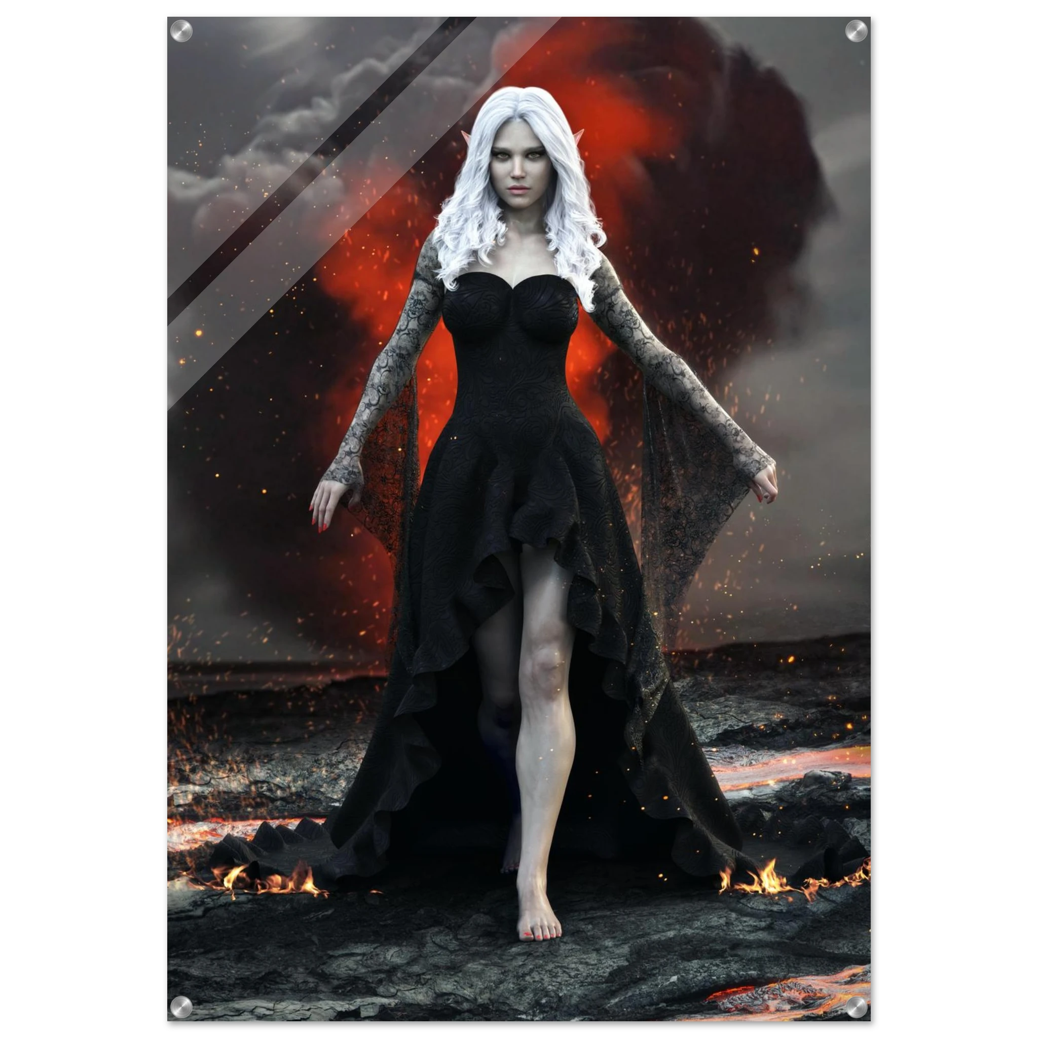 Handcrafted Dark Elf Sorceress wall art featuring a white-haired elven mage in a flowing black gown walking across a volcanic landscape with lava, smoke, and glowing embers. Fantasy artwork perfect for gaming rooms, RPG fans, and dark fantasy décor.